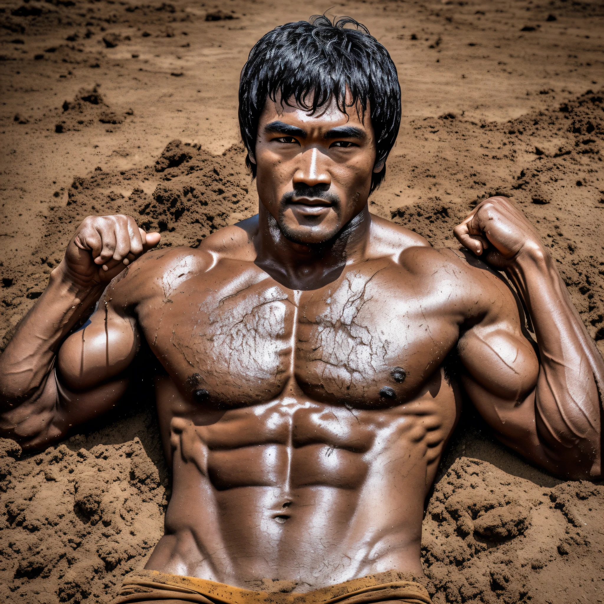 Portrait of BruceLee in underwear on dirt floor with dirt on body, underwear marking, wet, biceps, dark skin, body hair, sweaty body, sweat.