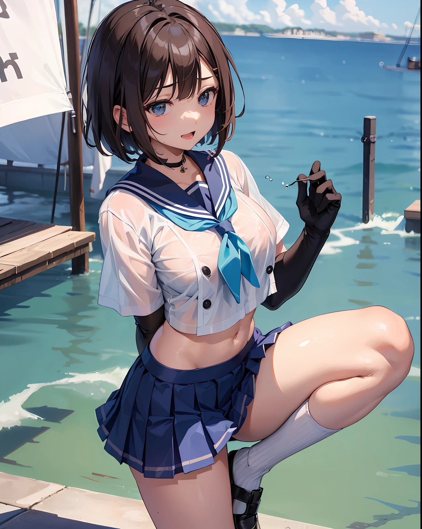 ung_tee子、ロリ、wn_hr、medium_bob_hair、blue_midriff_baring_sailor_uniform、mini_skirt、short_sleeve、太もも、big_tits,closed_eyes, 笑顔、open_mouth、立っている,harbor_background、spread_legs、幸せ、NSFW、short_gloves, wet,transparent,covered_nipples, covered_crotch, under_tits,