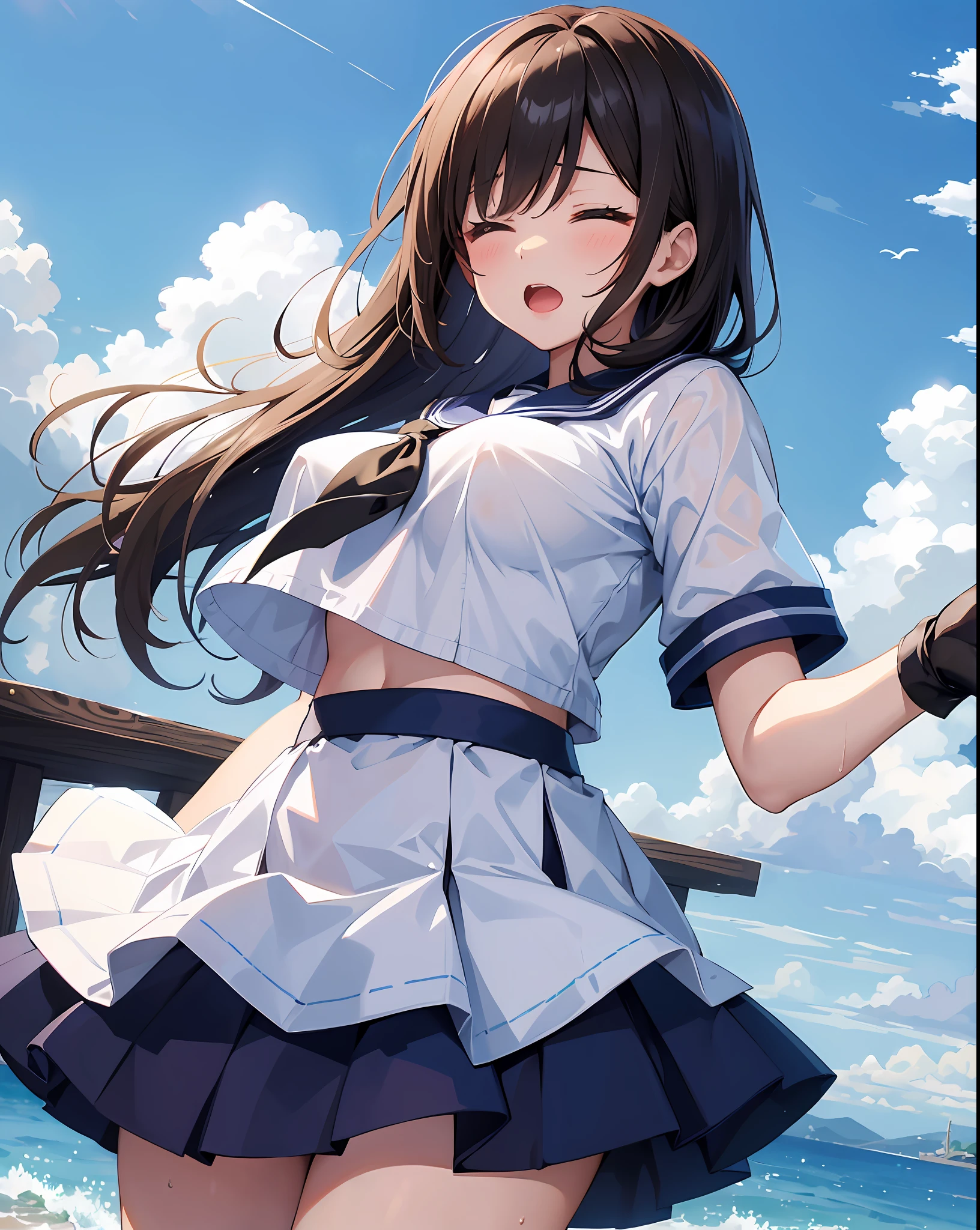 1young_teen_女の子、ロリ、brown_hair、medium_bob_hair、blue_midriff_baring_sailor_uniform、mini_skirt、short_sleeve、太もも、big_tits,closed_eyes, 笑顔、open_mouth、立っている,harbor_background、spread_legs、幸せ、NSFW、short_gloves, wet,transparent,covered_nipples, covered_crotch, under_tits,
