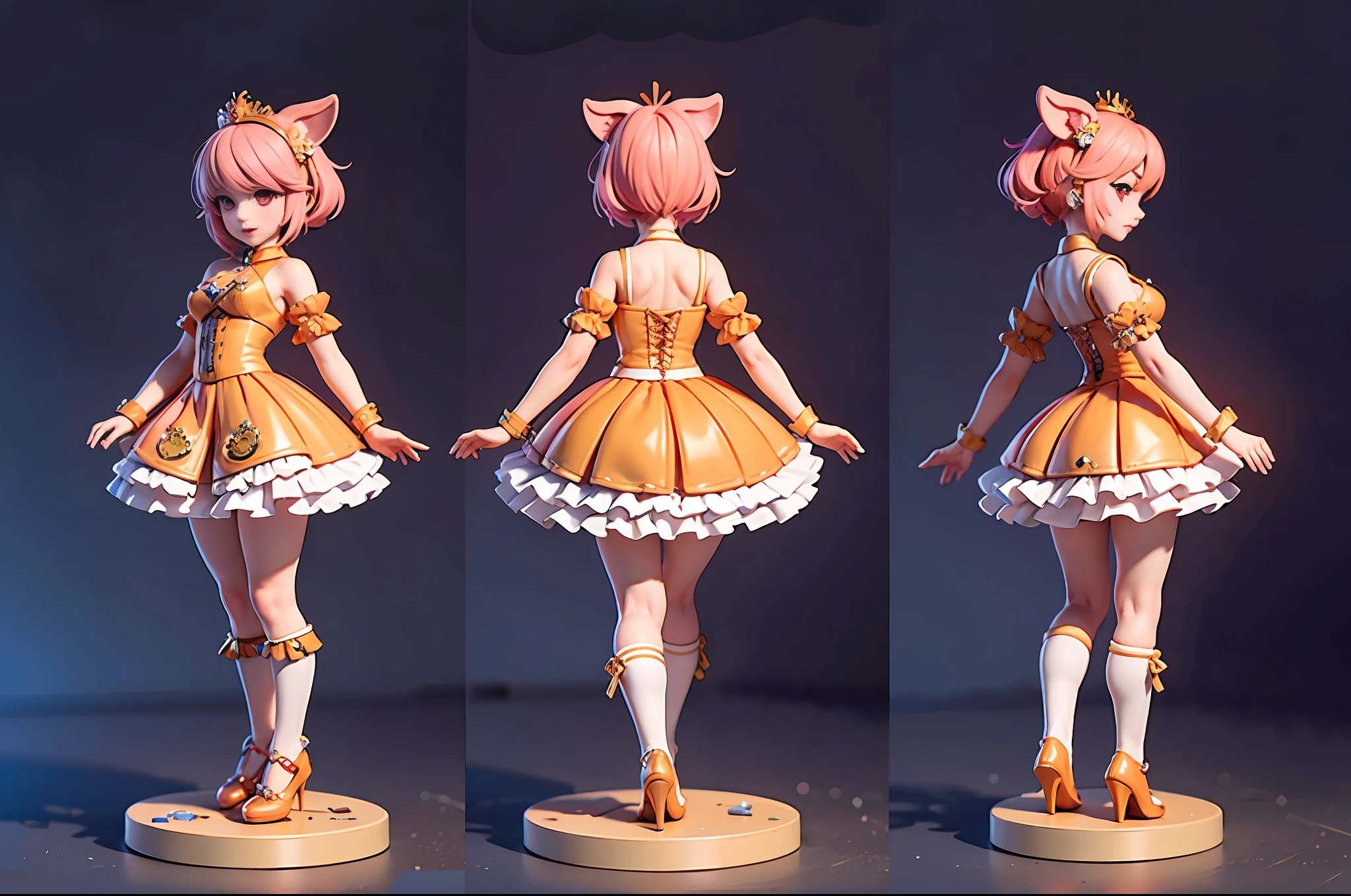 [orange: pink: 0.5] theme, gradient background, simple background, surrealism, steampunk, (panorama), (full body), (anatomically correct), best quality, masterpiece, super high resolution, cinema lighting, cute girl, (front view | rear view), (pig ear hat), glow, short hair, red eyes, smile, delicate tiara, pink shoes, extremely detailed face, intricate design, extremely meticulous, exquisite details, ray tracing, perfect proportions