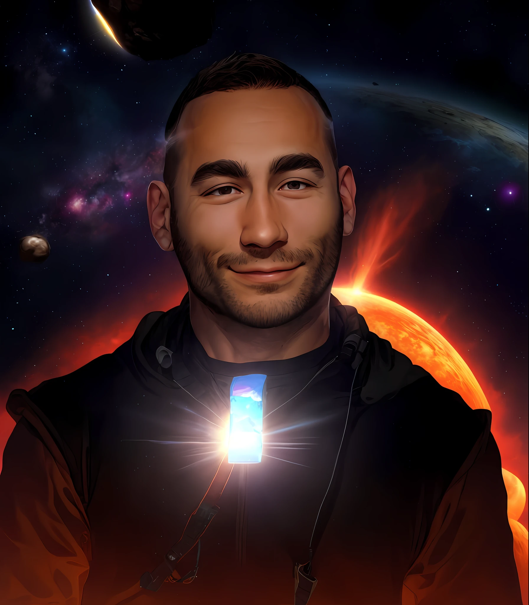 Draw a young programmer, sitting on a research platform floating in the middle of an asteroid belt. He is studying with a notebook, surrounded by several asteroids glowing with fiery auras. Dramatic lighting from distant stars and planets illuminates the scene, casting deep shadows on the suit. The young man looks confident and determined, looking at the vast and mysterious universe with wonder and respect,dark power