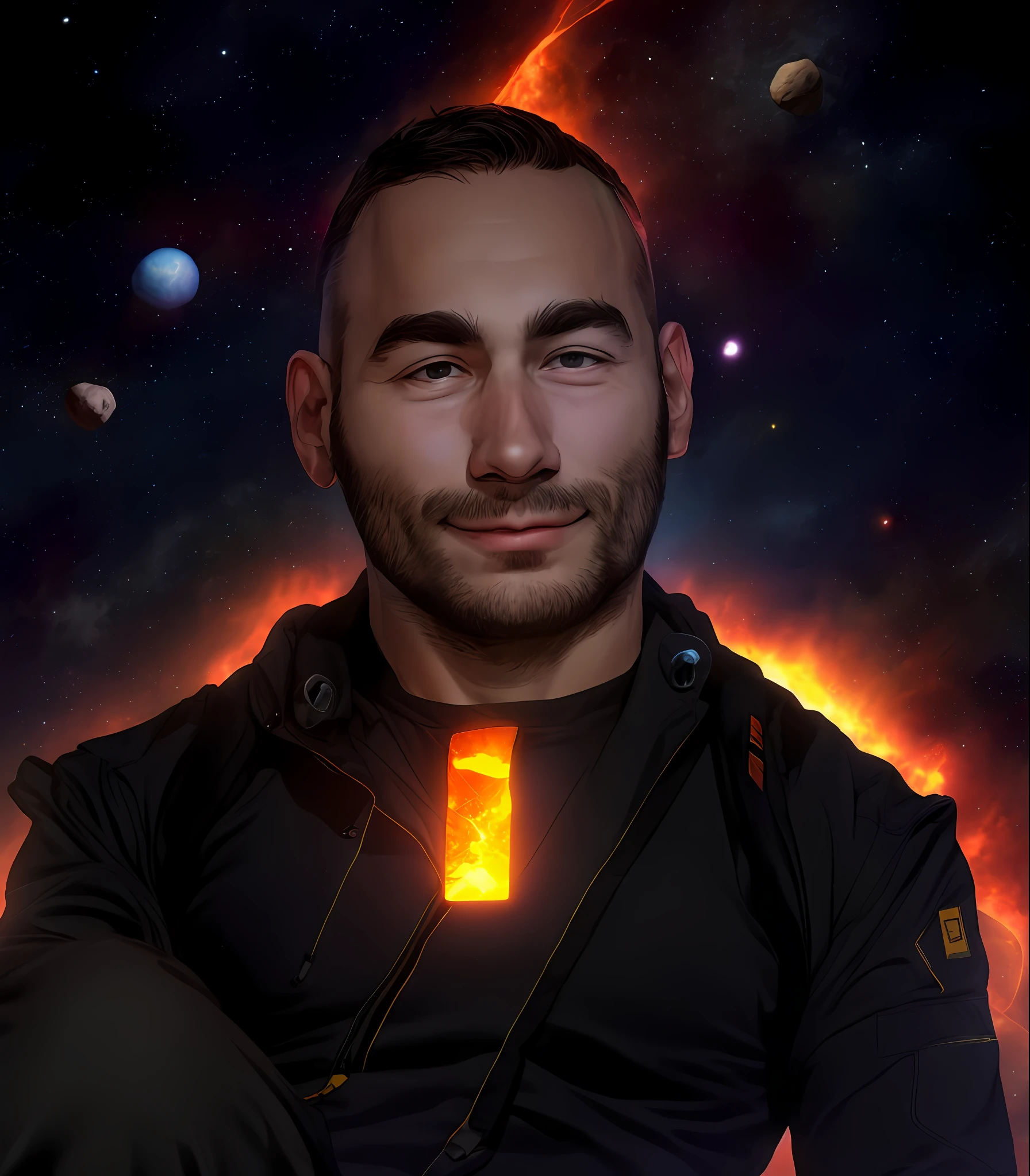 Draw a young programmer, sitting on a research platform floating in the middle of an asteroid belt. He is studying with a notebook, surrounded by several asteroids glowing with fiery auras. Dramatic lighting from distant stars and planets illuminates the scene, casting deep shadows on the suit. The young man looks confident and determined, looking at the vast and mysterious universe with wonder and respect,dark power