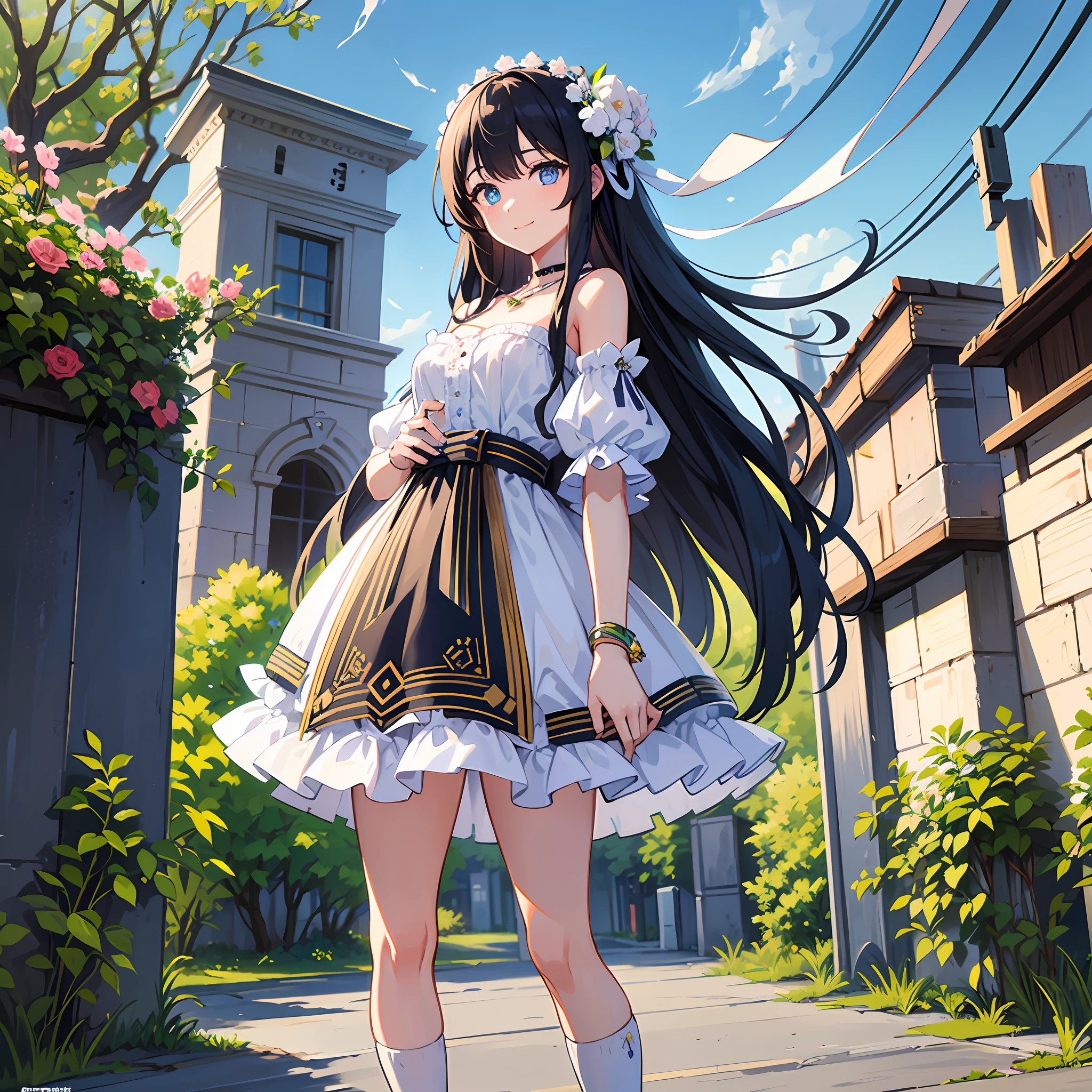 Girl, smile, upper body, (Standing :1.2), (Cute young girl :1.1), beautiful detailed eyes, hair, very long hair, (looking at the audience), (magazine :1.3), flowers, yuzu, high heels, white socks, mechanical, Mech, Blow, Wedding, Kind necklace, --auto --s2