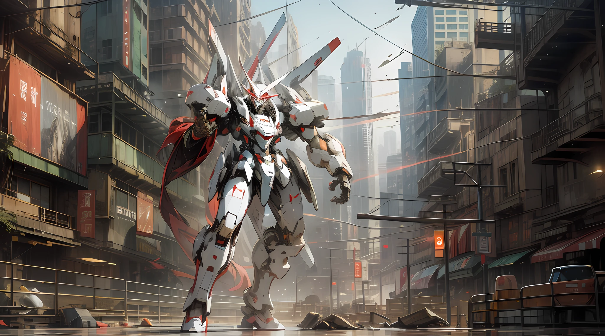 Concept Art, War, Mecha, China, Full Body, Railing, Glowing Eye, Glow, City, Architecture, Damaged Building, Tilt Displacement, Ruins --auto --s2