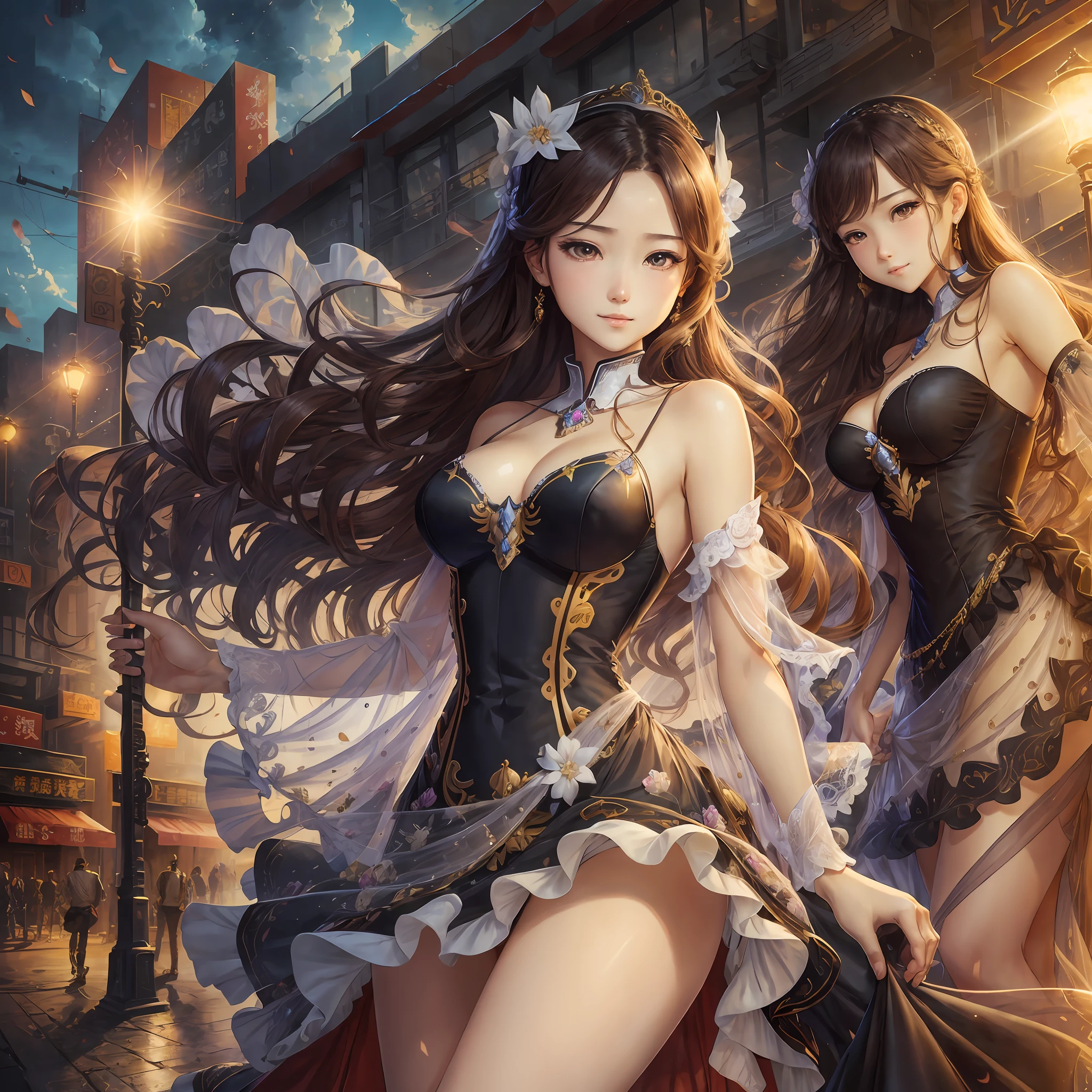 Best Quality, Masterpiece:1.4), (Realism:1.2), (Realisitc:1.2), (Absurdres:1.2), 4K,(photorealistic:1.3), Detailed, Ultra-Detailed, Digital Art,1 girl,Realistic Skin,Solo,beautiful face,Large Breasts,Sheer Dress,Long Wavy Hair, Cowboy Shot,Slim Waist,smile,Close up,Street,Night,((many dress)),machinery,Heel lift,Mecha,yuzu,high heel,donghuang clothes,MIX4 --auto --s2