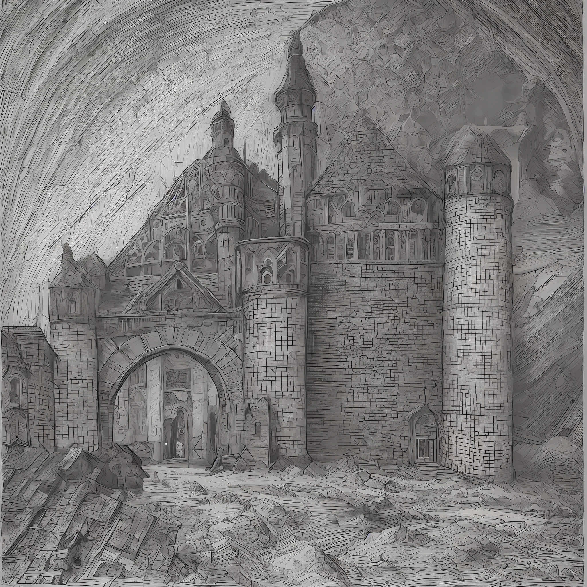 A handmade drawing in black and white on a parchment, open gate, ruin of an ancient fortress, at night with ((dark and frightening looking figures)), frightening, masterpiece, detailed, handmade, artbook, pencil, art, (Leonardo da Vinci), abandoned, destroyed, homeless, shadow, darkness, ghosts, drow,