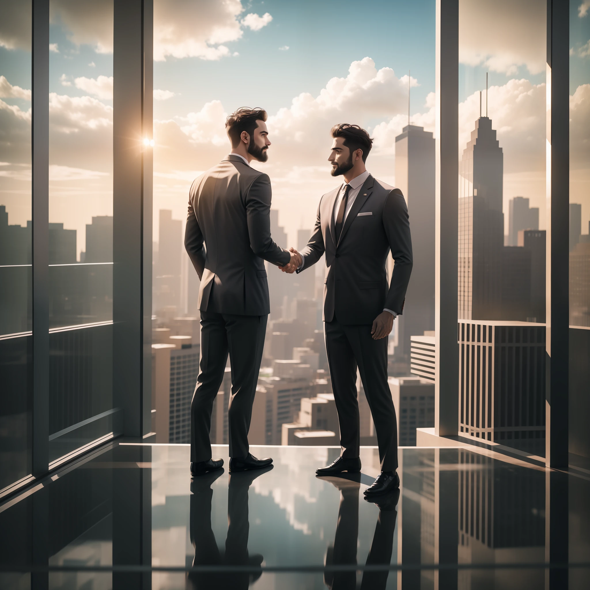 Two men shaking hands, perfect, ultra detailed, only arms and hands, no body, bottom in office of a building, overlooking the city