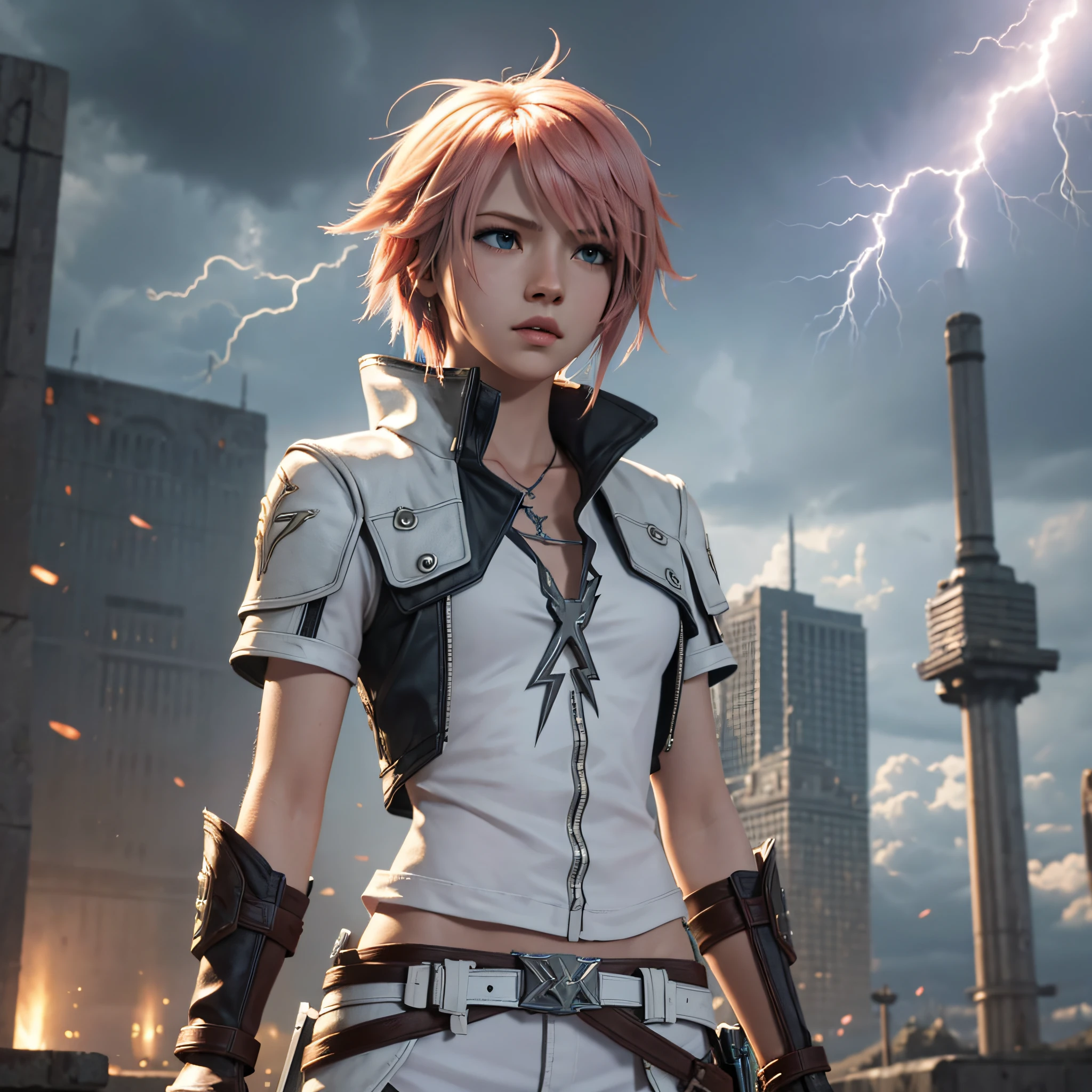 Lightning (FINAL FANTASY XIII) ultra detalhada, 4k, solo, standing, white shirt --auto --s2