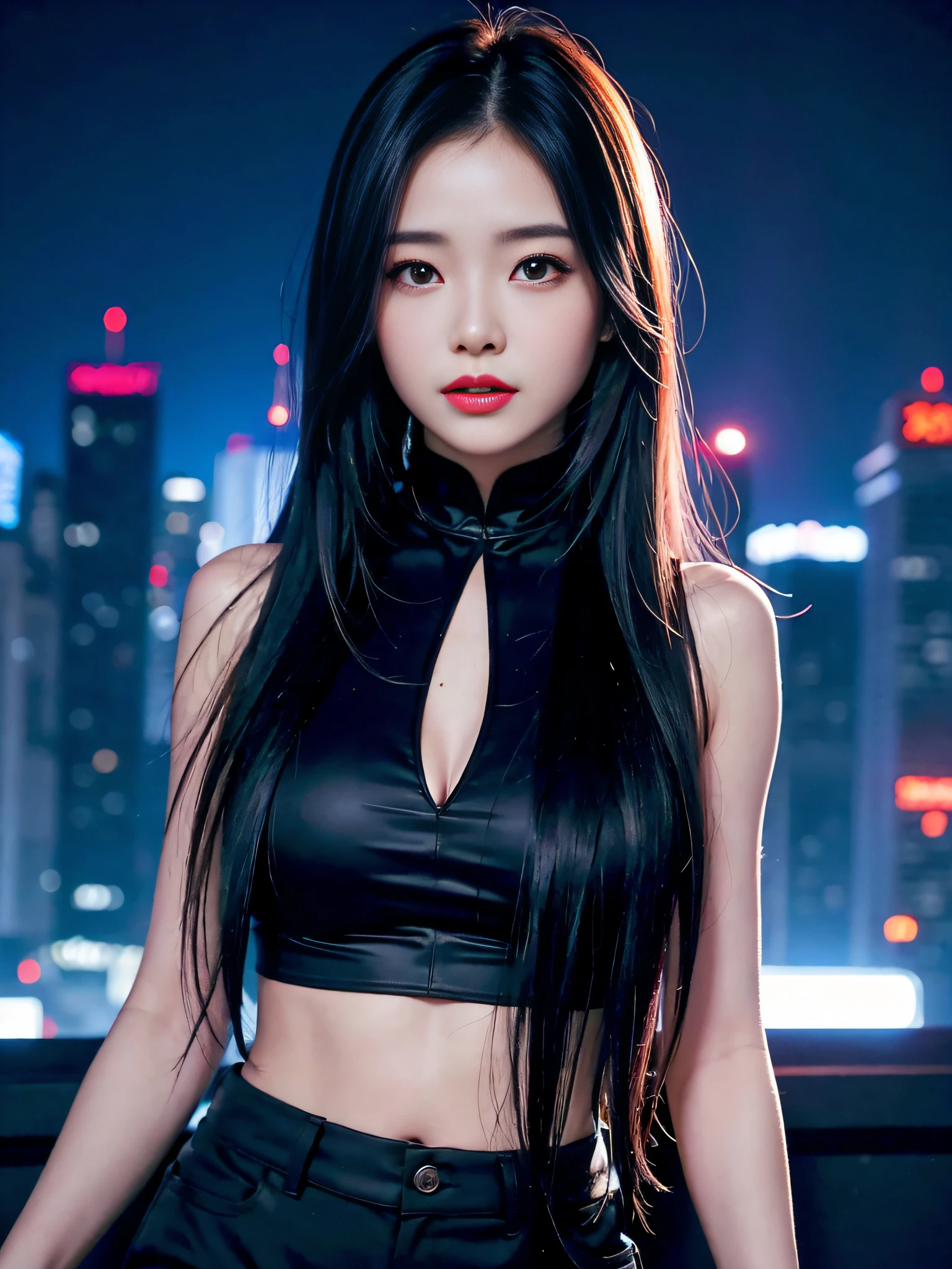 A girl, long hair, half picture, city, future, science fiction, black silk, shorts, night scene, midnight, blue light, neon, night, face close-up, delicate features, beautiful girl, beauty, charming,fashi-girl,red lips,realistic,makeup,