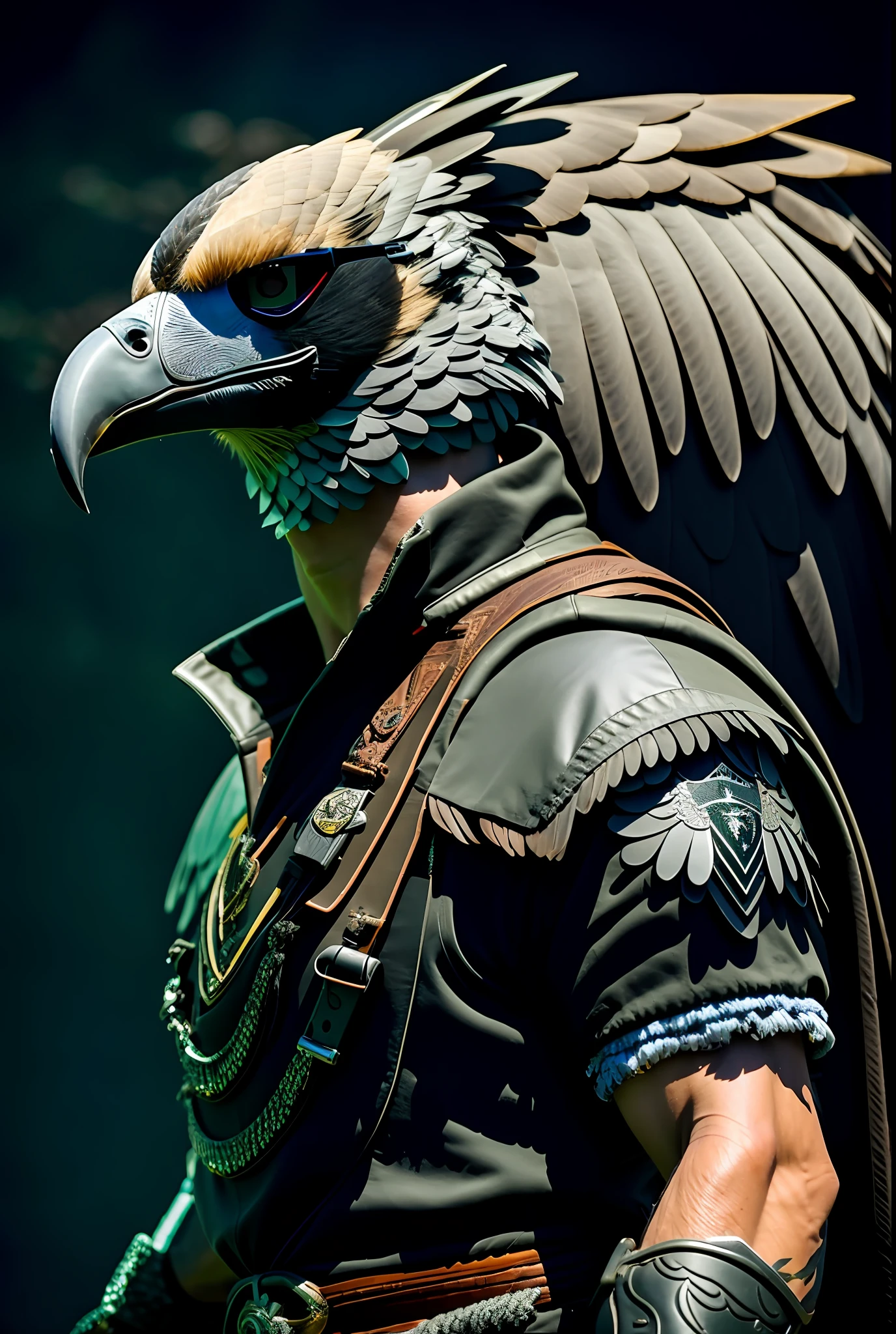 Strong vulture in dark glasses with the flamenco shield