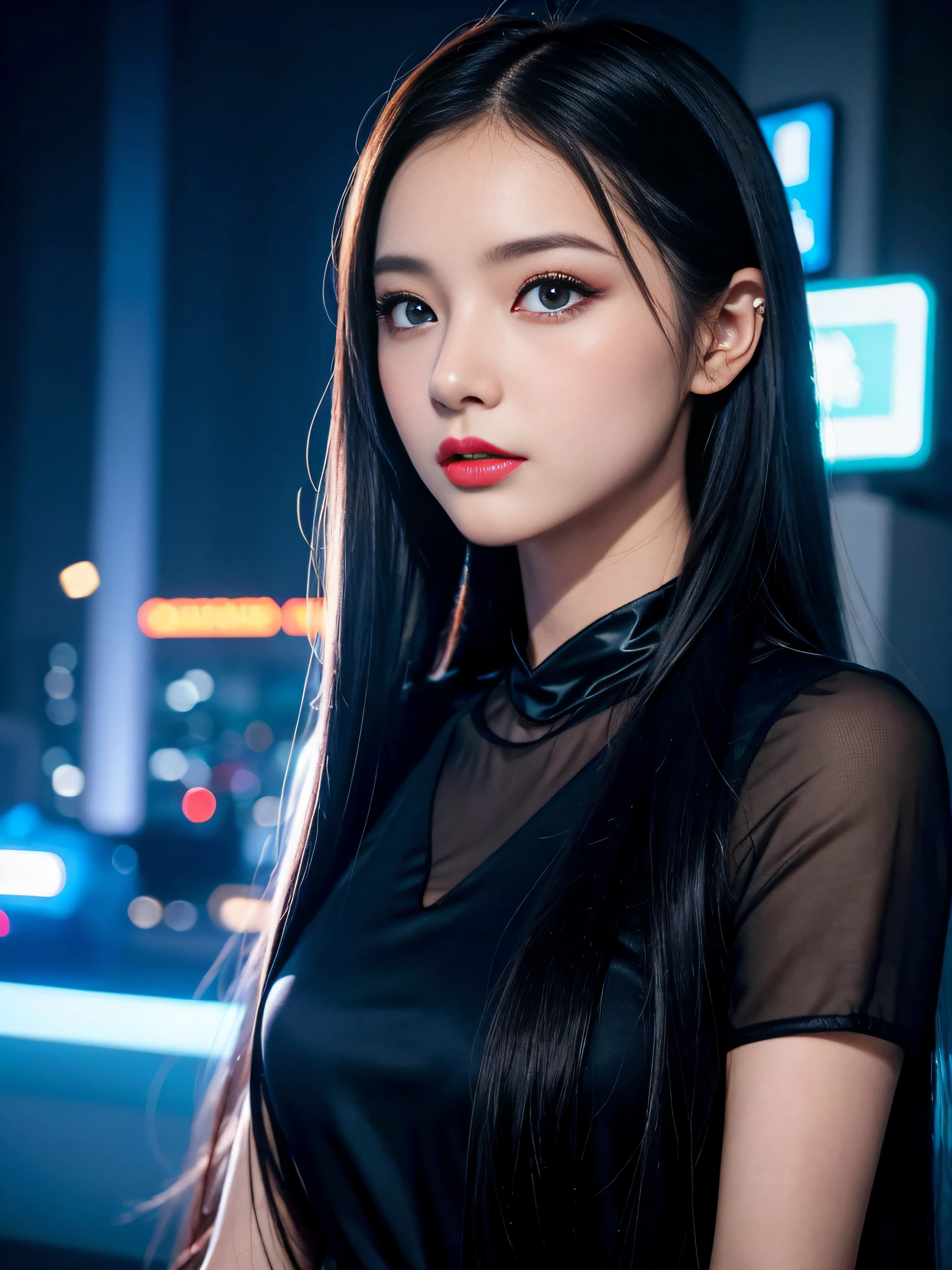 A girl, long hair, half picture, city, future, science fiction, black silk, shorts, night scene, midnight, blue light, neon, night, face close-up, delicate features, beautiful girl, beauty, charming,fashi-girl,red lips,realistic,makeup,