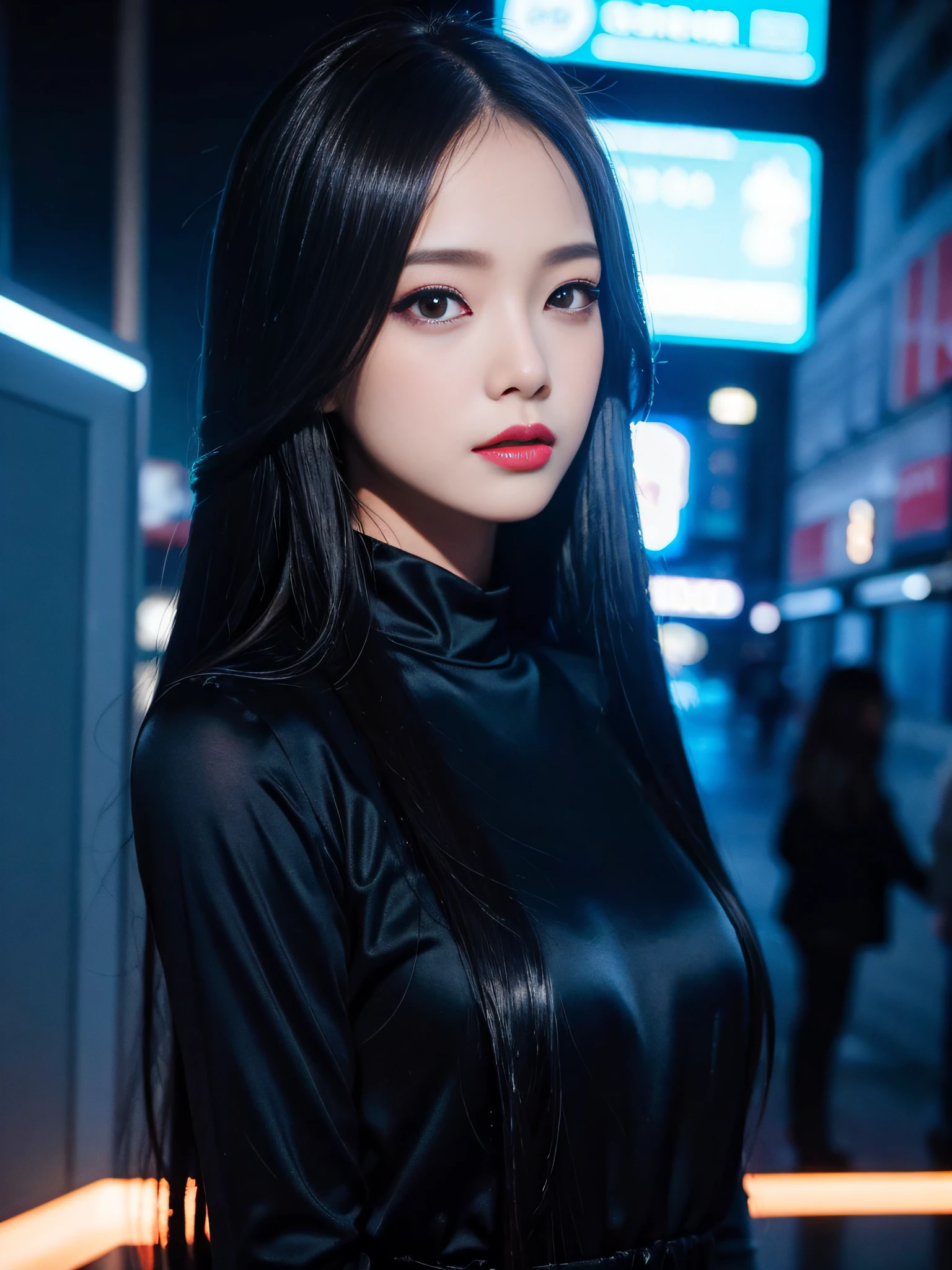 A girl, long hair, half picture, city, future, science fiction, black silk, shorts, night scene, midnight, blue light, neon, night, face close-up, delicate features, beautiful girl, beauty, charming,fashi-girl,red lips,realistic,makeup,