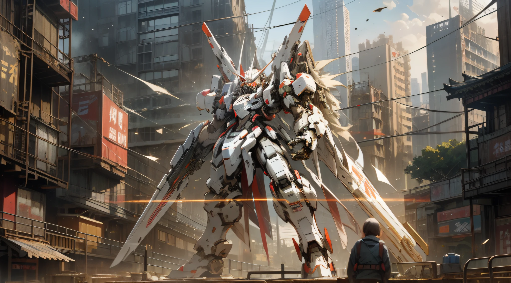 Concept Art, War, Mecha, China, Full Body, Railing, Glow Eyes, Glow, City, Architecture, Damaged Buildings, Tilt Displacement, Ruins, Multiplayer