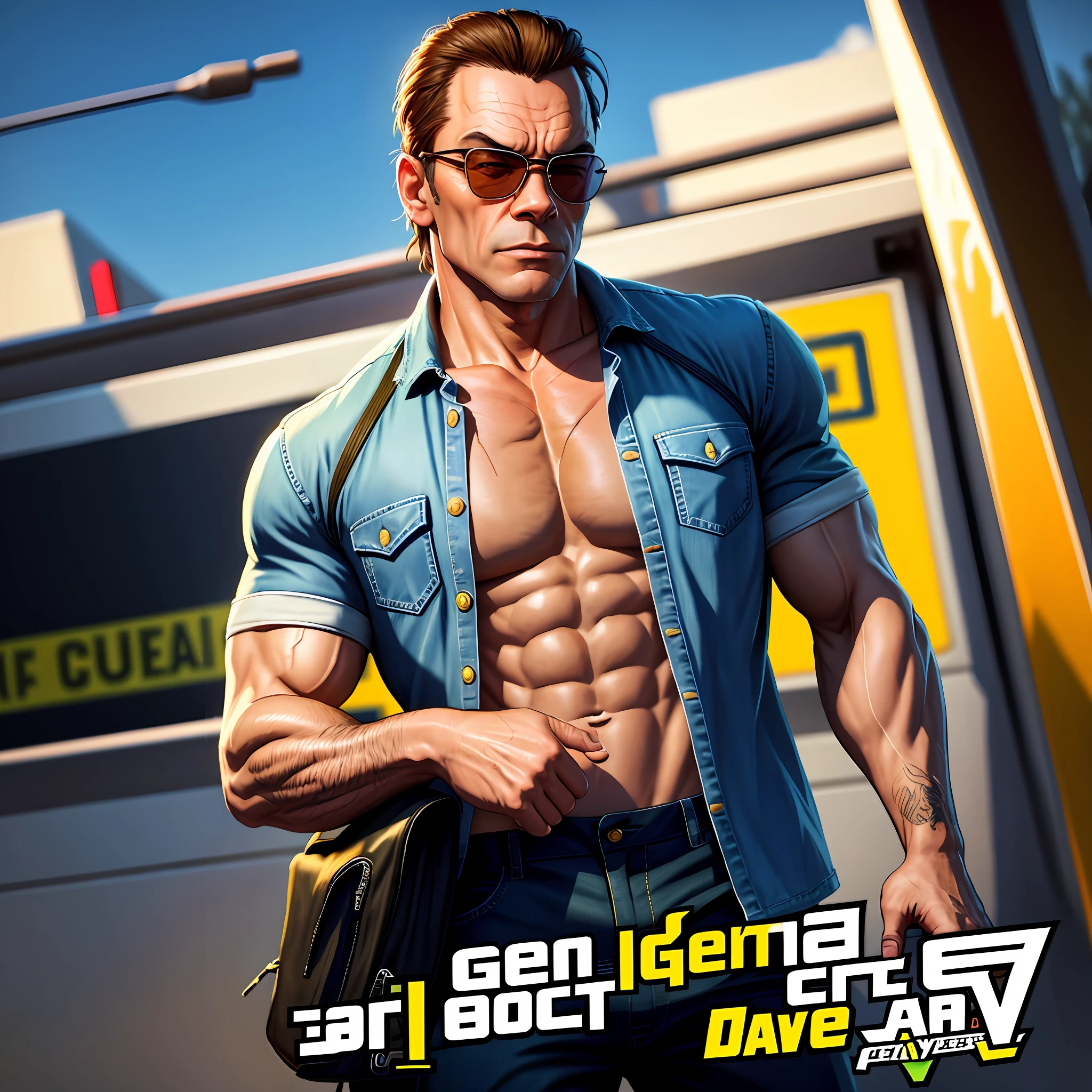 GTAV Loading Screen 2D art, Jean-Claude Van Damme as GTA5 Character, cinematic composition, shaders, bright cinematic lighting, soft contrast, GTA5 loading screen, automatic bug fix