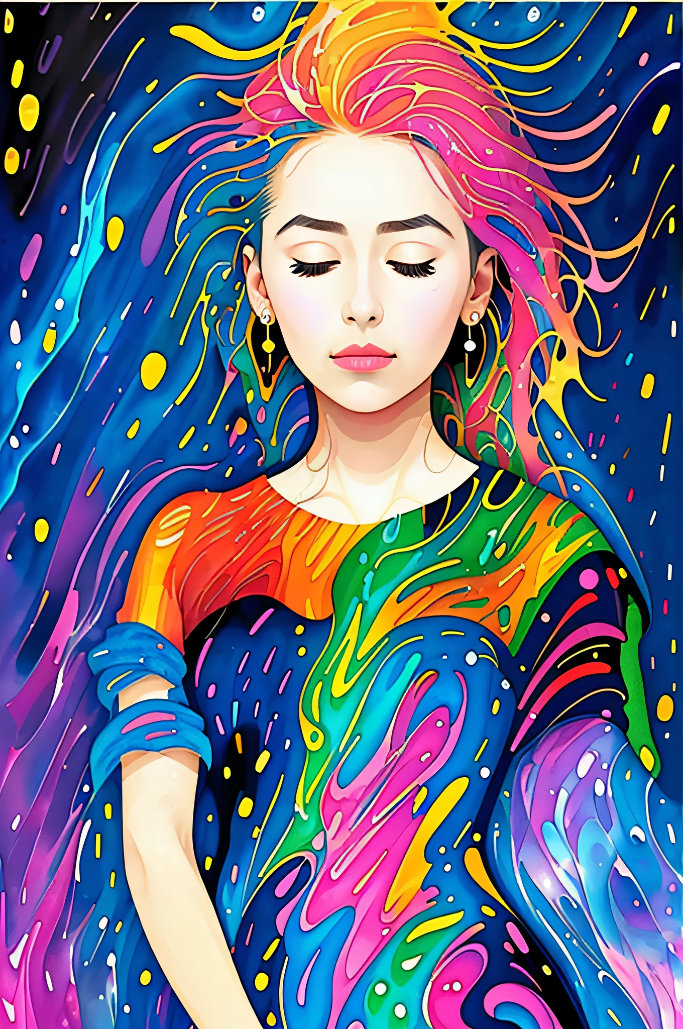 masterpiece, best quality, (2d minimalist vector illustration), 1girl, beautiful woman, closed eyes, colorful, (Gustav Klimt blends blue color long hair), (Wassily Kandinsky blends dress:1.2), (acrylic pour art blends background:1.4), (bust shot:1.4)