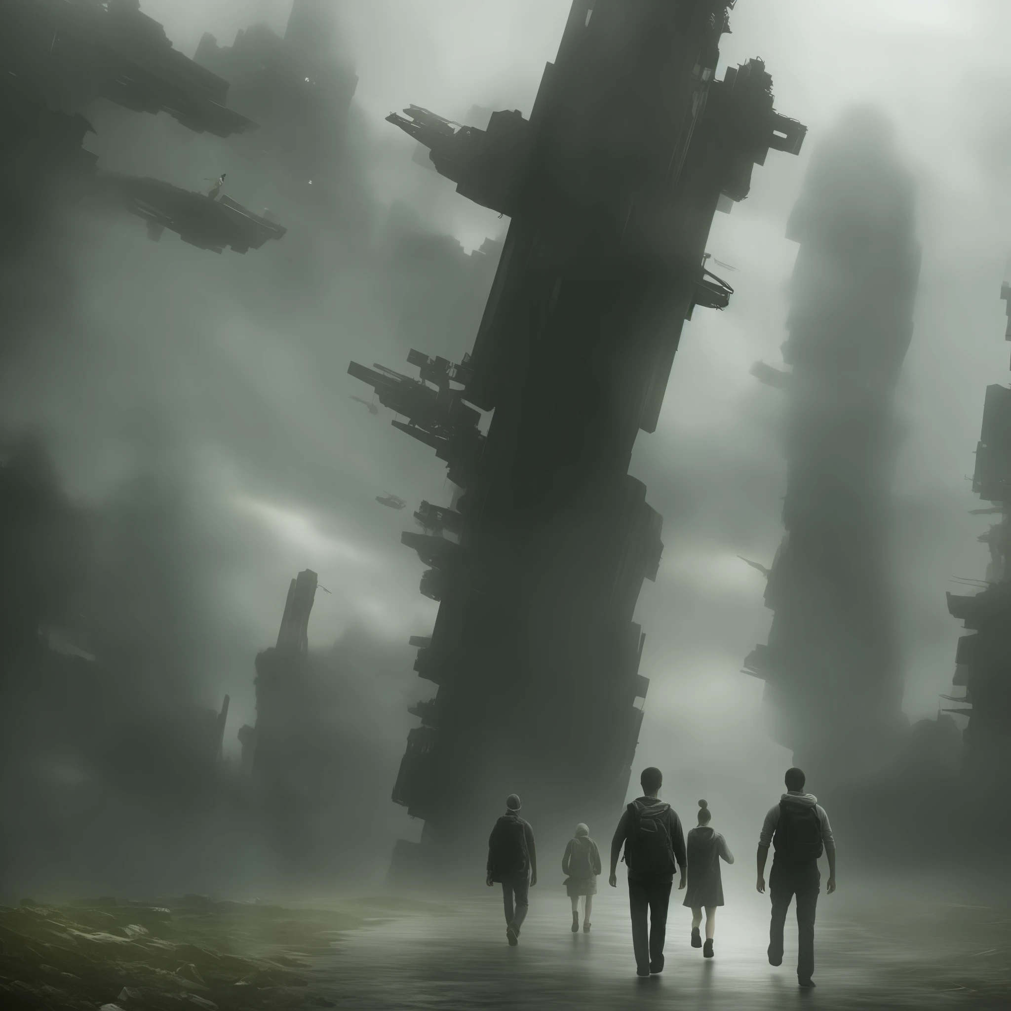 Landscape, futuristic city destroyed, wanderers in simple clothes walking towards the forest, an alien rain happening. Dramatic conceptual image.