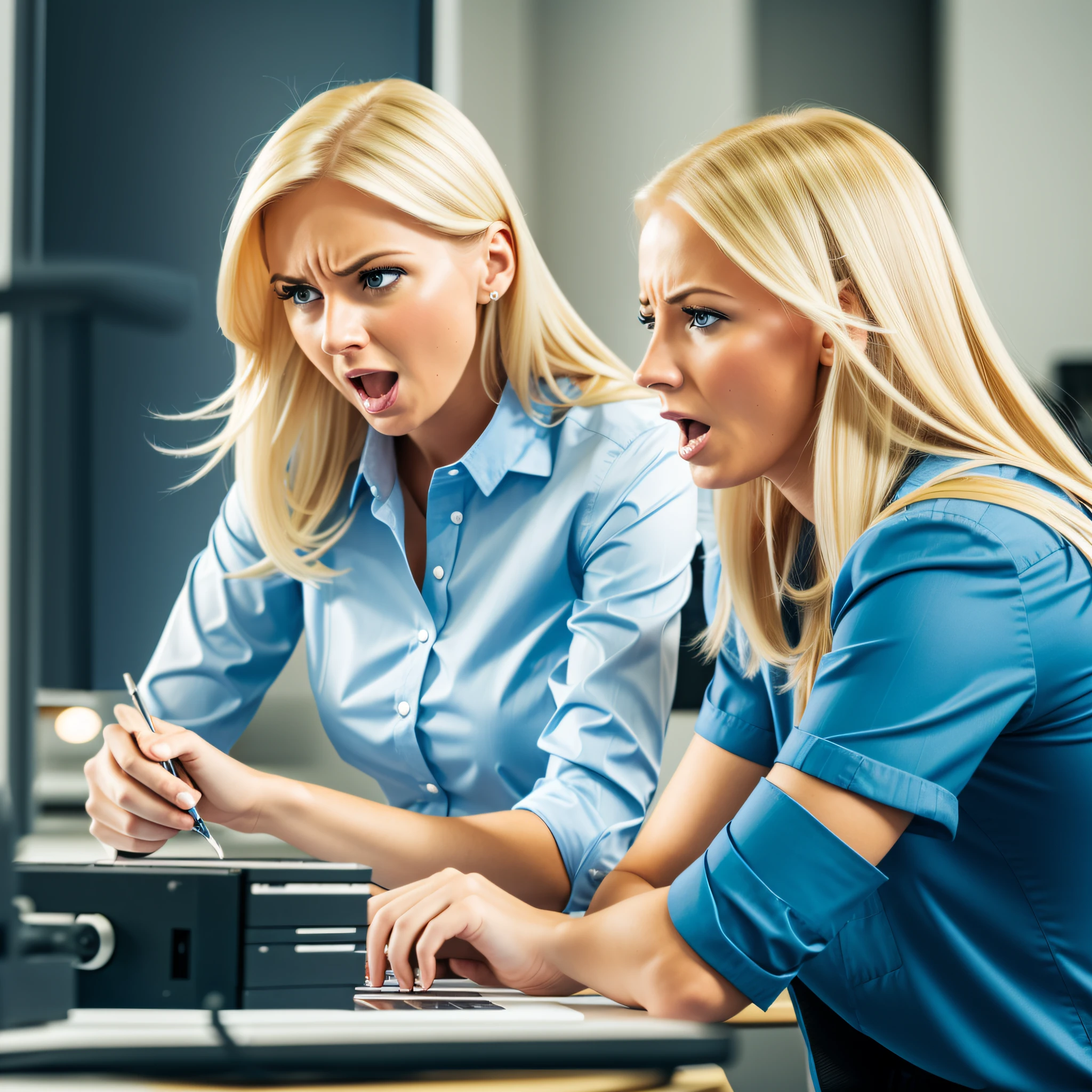 Two blonde women engineers, working in an office, visibly angry