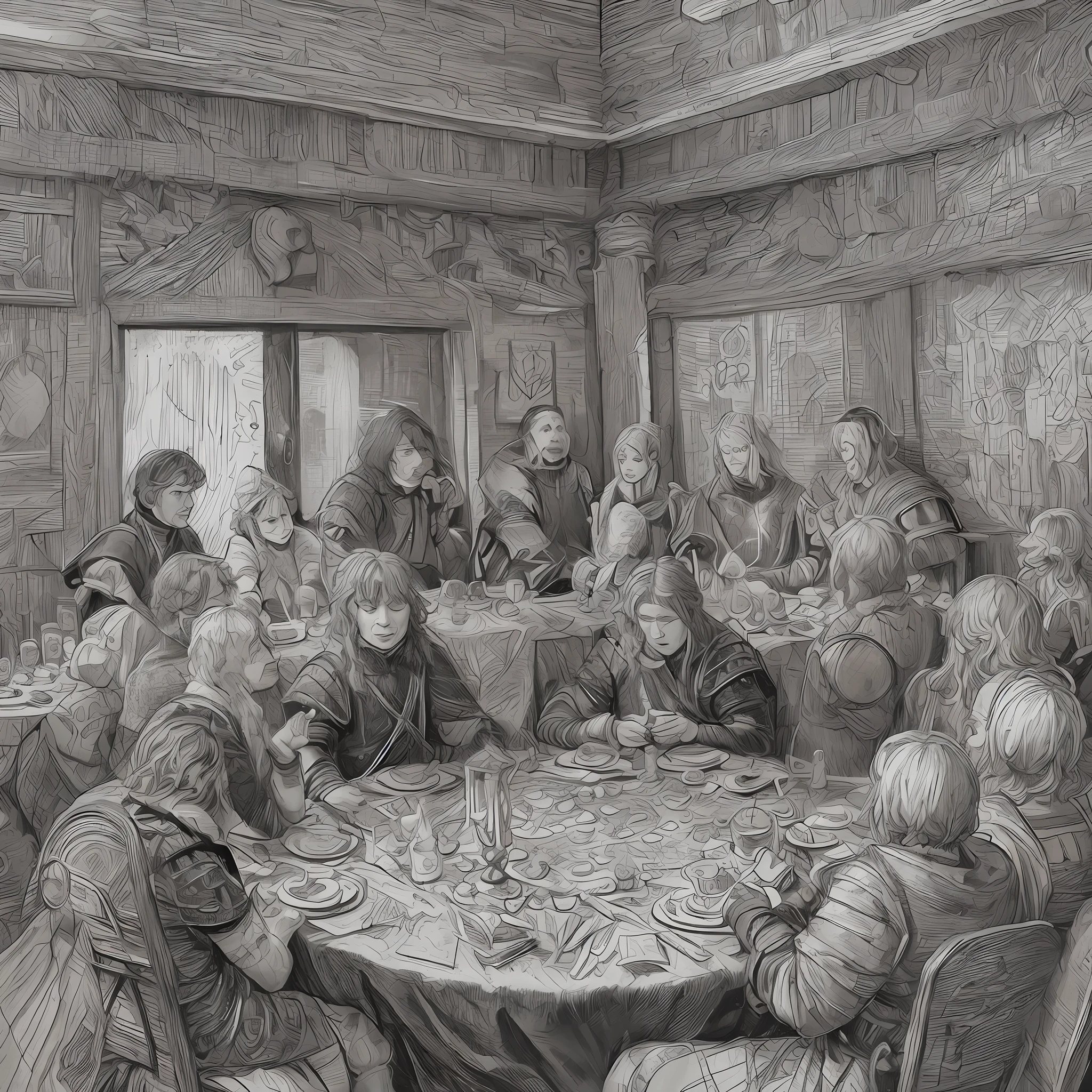 A handmade drawing in black and white on a parchment, round table, a tavern, overnight with ((warriors and warriors drinking)),party, masterpiece, detailed, handmade, artbook, pencil, art, (Leonardo da Vinci), light, celestial, 5 warriors, tavern, perfect, super detailed, party, fun