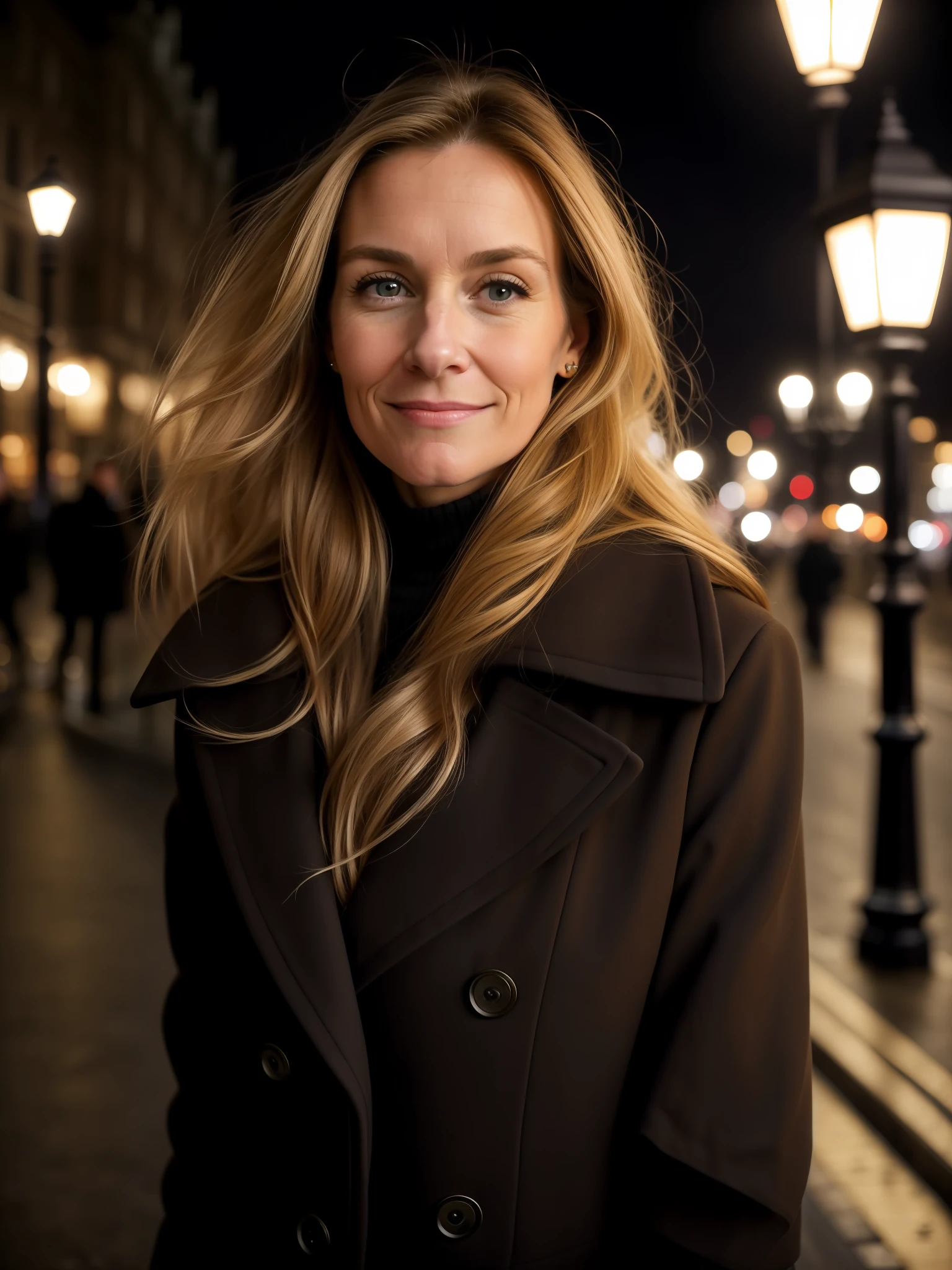 closeup of a 33-year-old woman, long light brown hair with blonde tips, against the wind, dress in cold clothing, luxurious coat and black collar, London city street, night, lamppost, asphalt