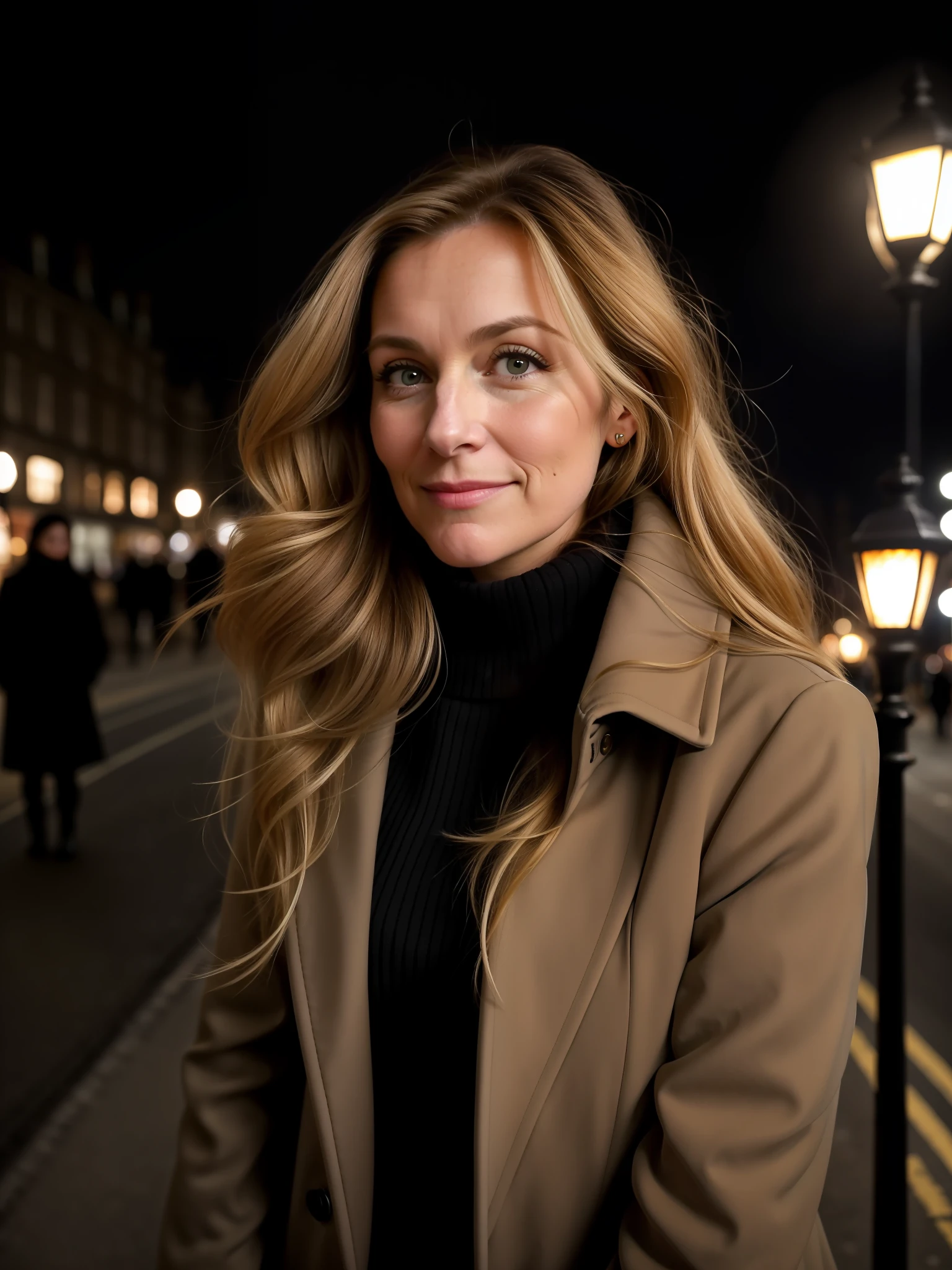 closeup of a 33-year-old woman, long light brown hair with blonde tips, against the wind, dress in cold clothing, luxurious coat and black collar, London city street, night, lamppost, asphalt