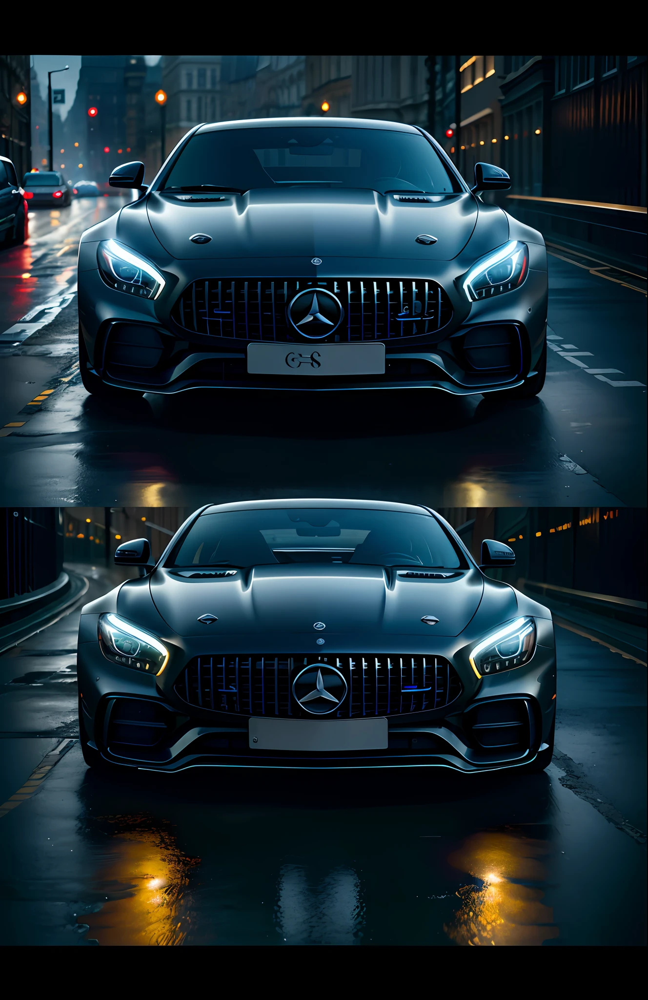 A realistic illustration of a black Mercedes Benz AMG GTR in London. Midday and rainy weather. Ultra Detailed, 8K, HDR, Octane Render