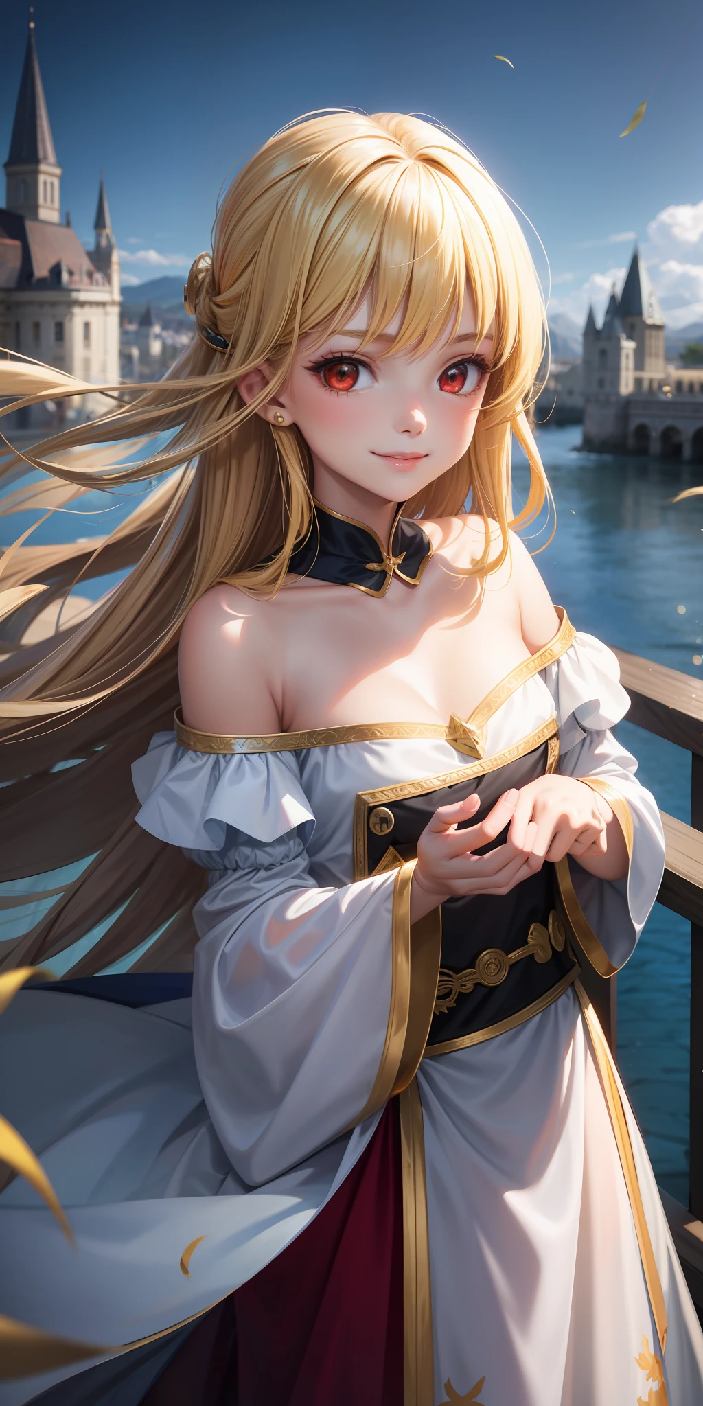 young girl one, blonde, red eyes, wizard, off-shoulder, beauty, beautiful, little smile, wind magic