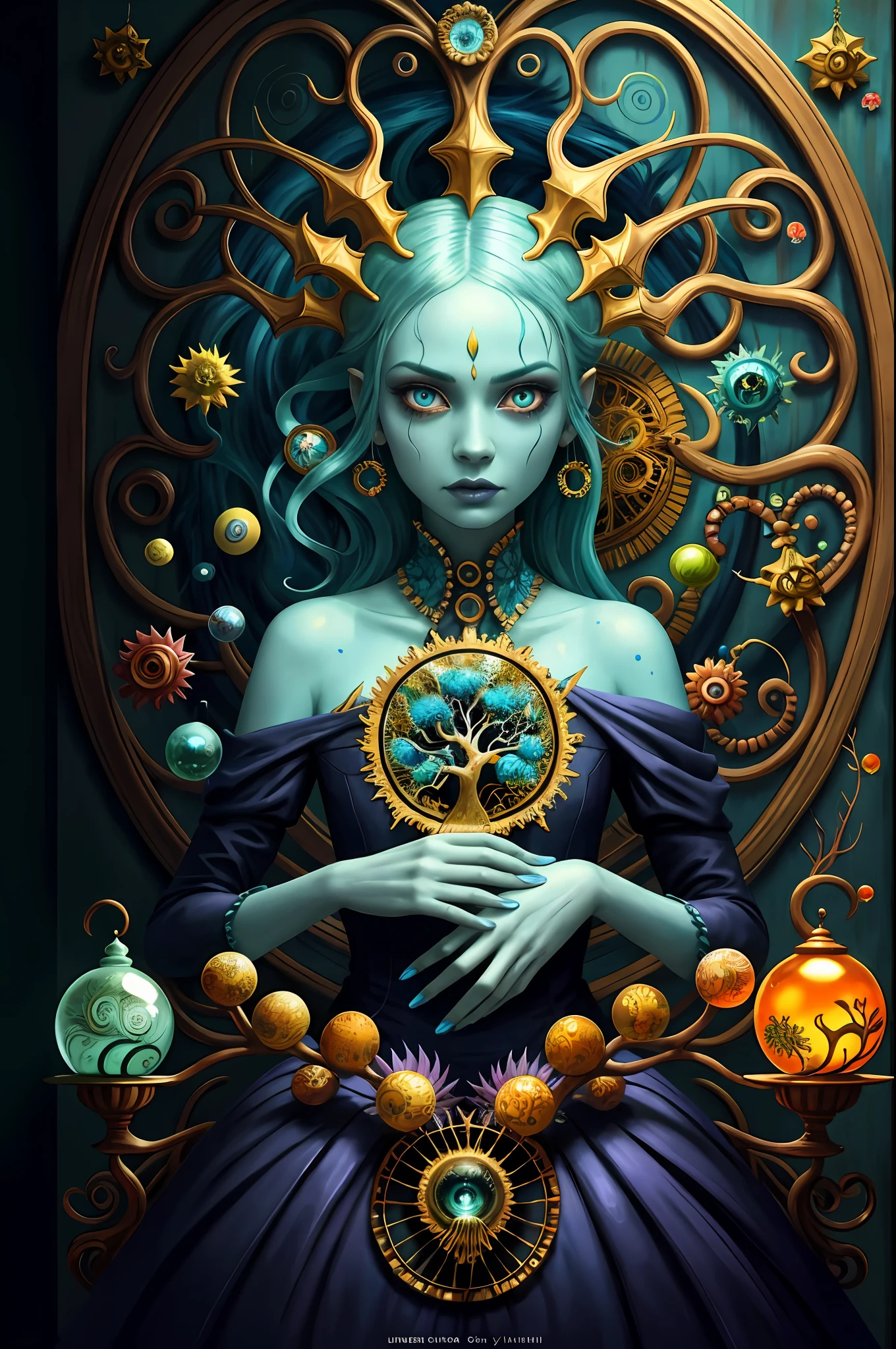 Concept Art, Colorpop Style, Pointy Hair, Blue Skin, Natalie Shau, Mark Ryden, Alberto Seveso, Brooke Shavan, Anna Dittmann, Flora Borsi, Yin Yang Anthill, Ants, Lilies, Insect, Ferns, Beautiful Full Body Photos with Oil Painting, With Thick Brushstrokes and Wet Paints, Fibonacci, Golden Ratio, Melting Wax, Visible Brushstrokes, Surrounded by Crystal Balls, 3D mosaic wireframe, neurographics, neurons, tree of life, color, love, passion, oil on canvas, thick brush strokes, crazy details, 8k uhd, masterpiece, art station, surrealism