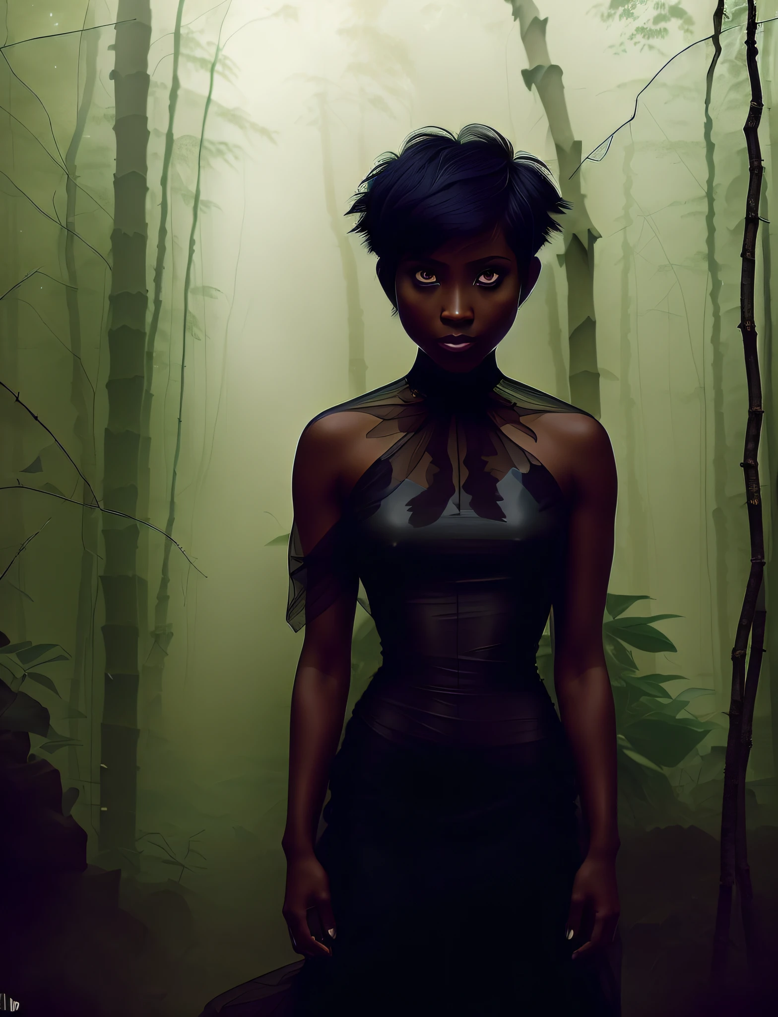 (Angry:1.3) (Happy:1.3) black, (dark skin:1.1) woman black woman, full length, whole body, white (transparent:1.2) dress, (short haircut:1.3), visible knees and feet, bottom view, standing sideways to the camera, dark forest, rain, wet body, raindrops, wet hair, low angle, george miller cinematography, wide-angle, portrait, realistic, cinematic, 8k, highly detailed, highly detailed eyes, shphotography, professional, canon camera, nikon camera, sharp, bokeh, in the forest, studio quality, color grading, by Alphonso Mucha, by Rodrigo Prieto,(by Artist Adolf Kosarek:1.3)