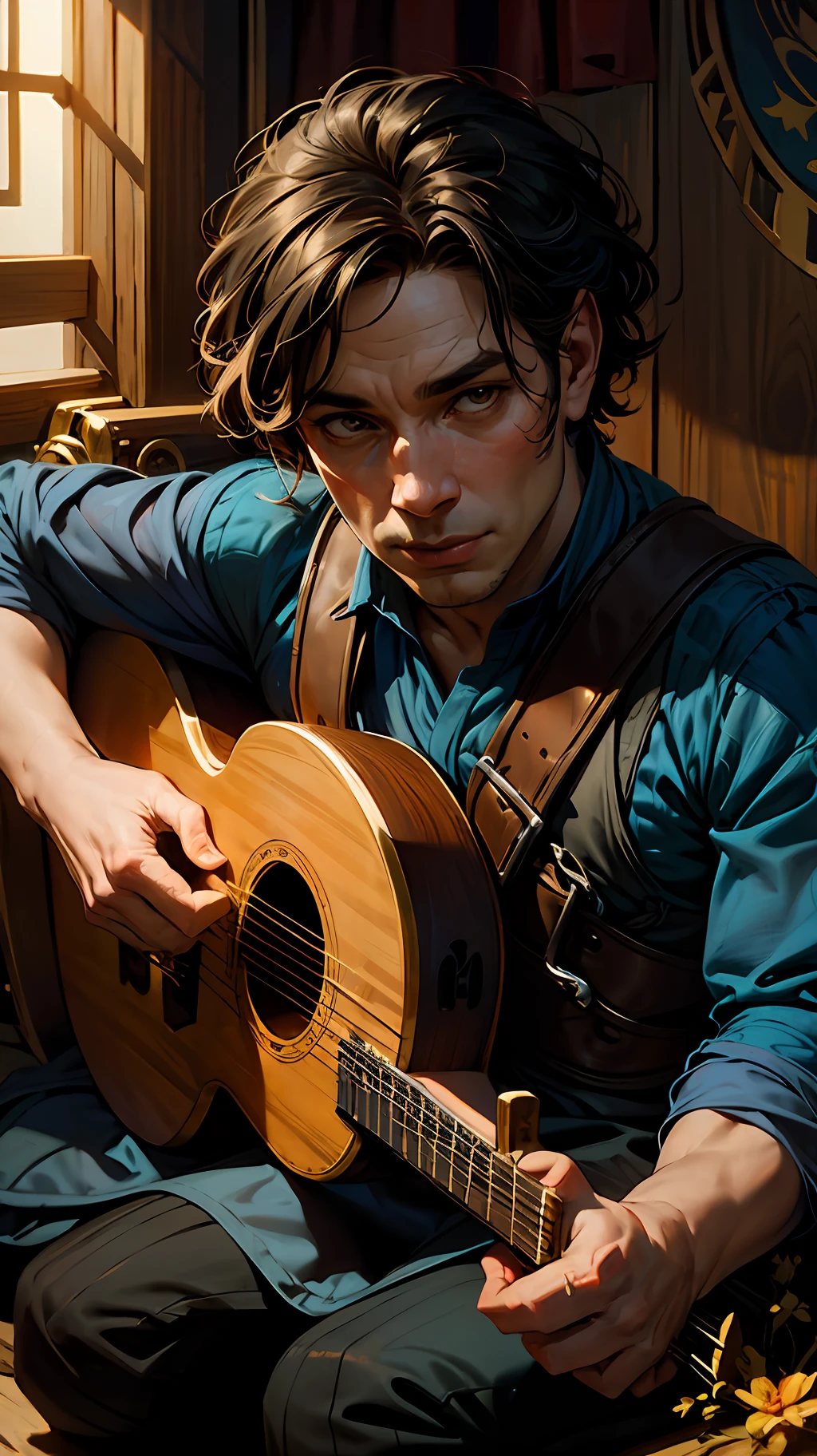 arafed 1man sitting in a tavern holding a wooden instrument, is playing a lute, holding a magic lute, magical lute, a human bard, Tamino Amir, musician, medieval art, volumetric lighting, view from above, dynamic oil painting poster by Joseph Christian Leyendecker & James Jean & Anders Zorn & Jeremy Mann & Alphonse Mucha & Shepard Fairey, Bard playing magic lute dynamic pose, happycore, flowerpunk, medieval musician, bard core, intricate details, dynamic portraiture, dramatic lighting, backlit, raking light, vibrant, explosion of colours, tones that convey happiness and energy, anatomically correct, hands anatomically correct, fingers anatomically correct, (lineart: 1.33)