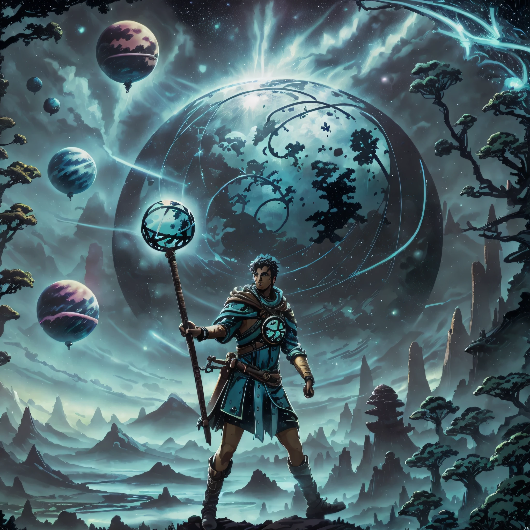 The Two of Wands card in the tarot represents the exploration of new horizons and decision-making. In it, (a man) (holds a planet earth), symbolizing the power to shape one's own destiny and the vision of future possibilities. In the other hand, (holds a stick), representing the energy and potential to act. In the background, there is a landscape setting, indicating a vast world to be explored.