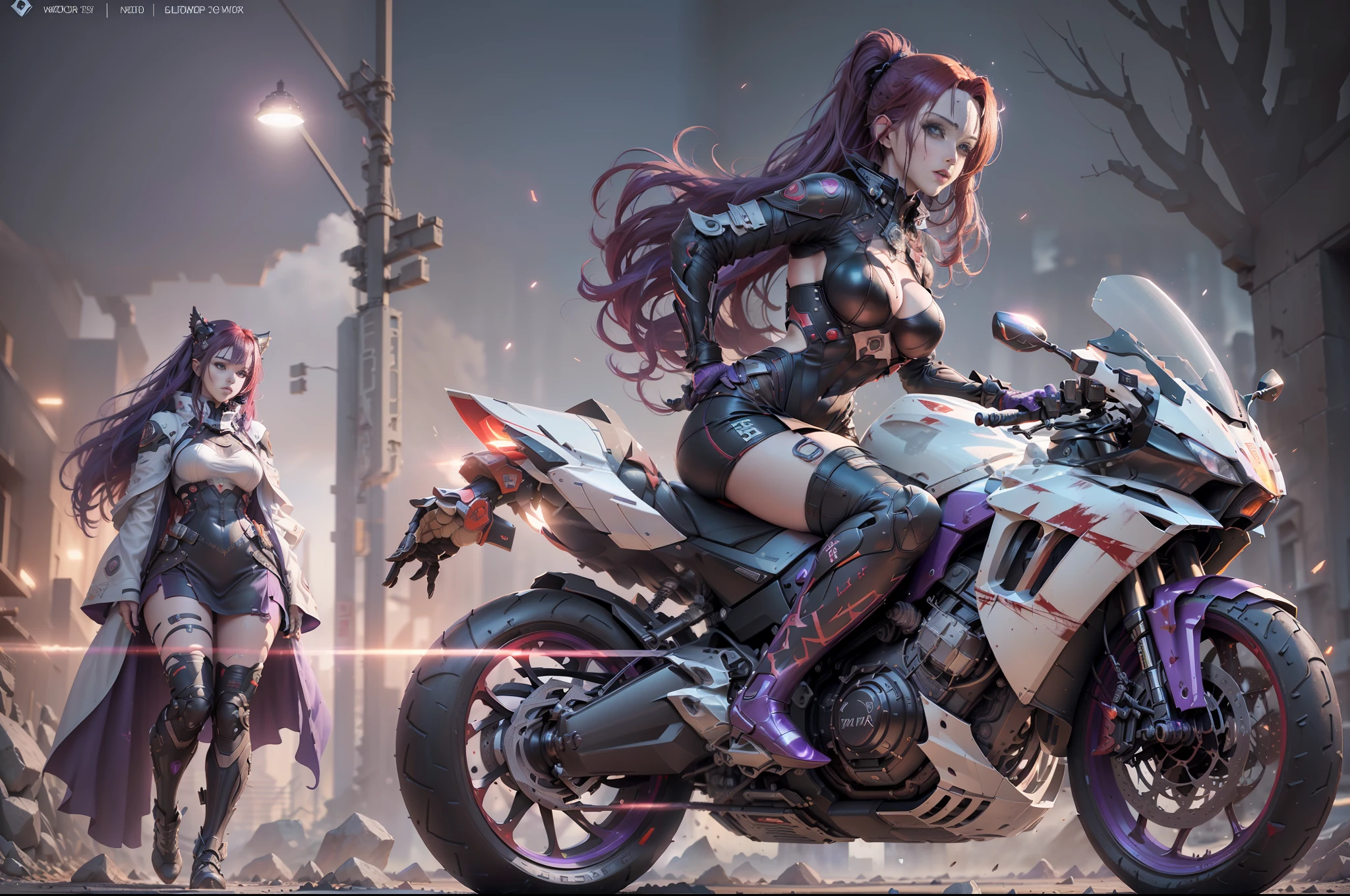 (twin sisters) Good figure (((purple hair) beauty ((cold) (tall) (proud))) (a ((blood red hair) beauty (hot body) ((charming) (charming))) back to back background (purple) (blood) moon wearing gothic costume (motorcycle) (motorcycle) track absurd 8KHD masterpiece Prominent characters Brilliant picture Rich picture Highest image quality Dynamic picture Brilliant background Dynamic confusion Full body photo Hologram Detailed facial portrayal Remember details Face vivid face  Face Repair Launcher Ray Tracing, NVIDIA RTX, Super Resolution, Unreal 5, Subsurface Scattering, PBR Textures, Post Processing, Anisotropic Filtering, Depth of Field, Maximum Clarity and Acutance, Multi-layer Textures, Albedo and Highlight Mapping, Surface Shading, Accurate Simulation of Light-Material Interactions, Perfect Proportions, Octane Rendering, Two-tone Lighting, Low ISO, White Balance, Rule of Thirds, Wide Aperture, 8K RAW, High Efficiency Sub-Pixel, Subpixel Convolution, Glowing Particle