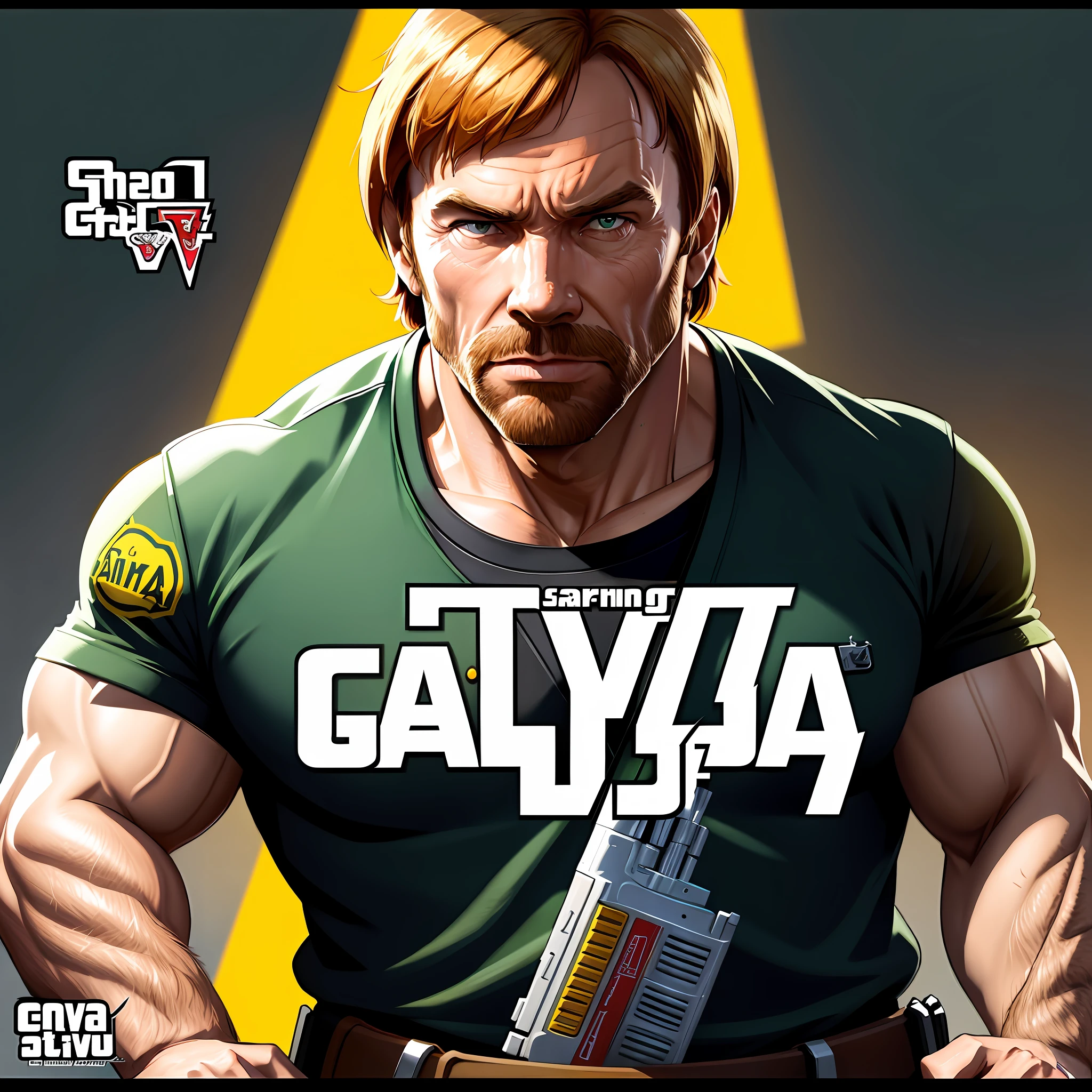 GTAV Loading Screen 2D Art, Chuck Norris as GTA5 Character, Film Composition, Shaders, Bright Cinematic Lighting, Soft Contrast, GTA5 Loading Screen, Automatic Bug Fix