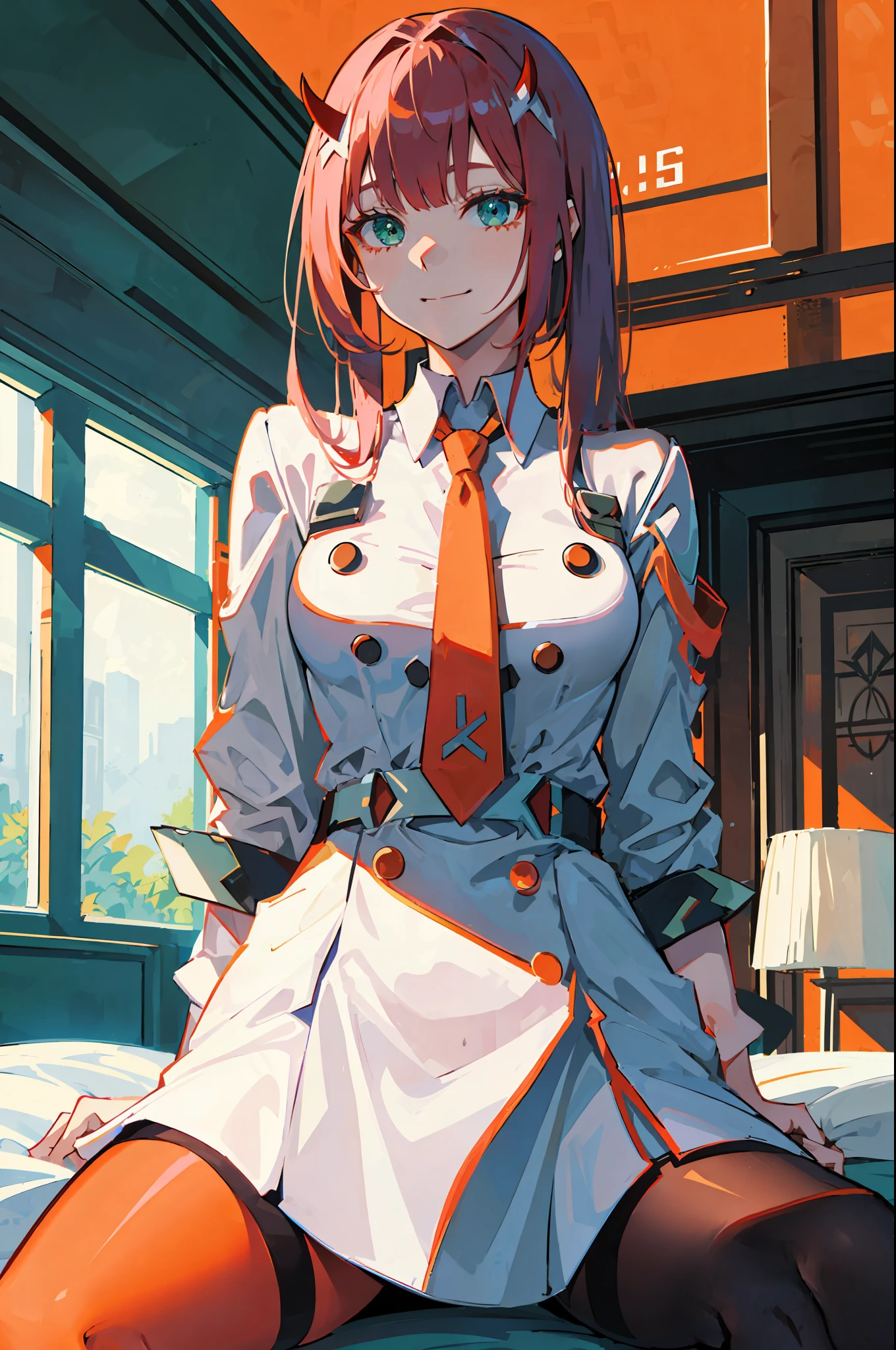 zero two \(darling in franxx\), darling in franxx, 1woman, smiling, sitting, bangs, biting, shadow, green eyes, hair behind head, horns, long hair, makeup, small breasts, red dress, orange tie, black buttons, belt, pantyhose, big thighs, pink hair, red eyeshadow, detailed background, bedroom, home, bed