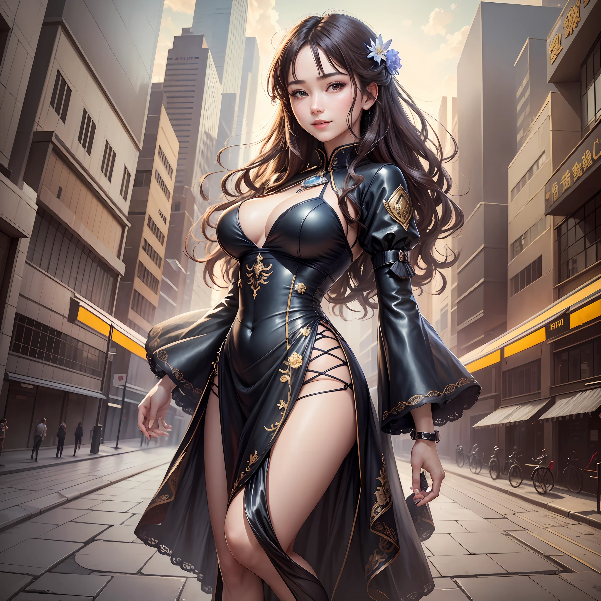 Best Quality, Masterpiece:1.4), (Realism:1.2), (Realisitc:1.2), (Absurdres:1.2), 4K,(photorealistic:1.3), Detailed, Ultra-Detailed, Digital Art,1 girl,Realistic Skin,Solo,beautiful face,Large Breasts,Sheer Dress,Long Wavy Hair, Cowboy Shot,Slim Waist,smile,Close up,Street,Night,((many dress)),machinery,Heel lift,Mecha,yuzu,high heel,donghuang clothes,MIX4 --auto --s2