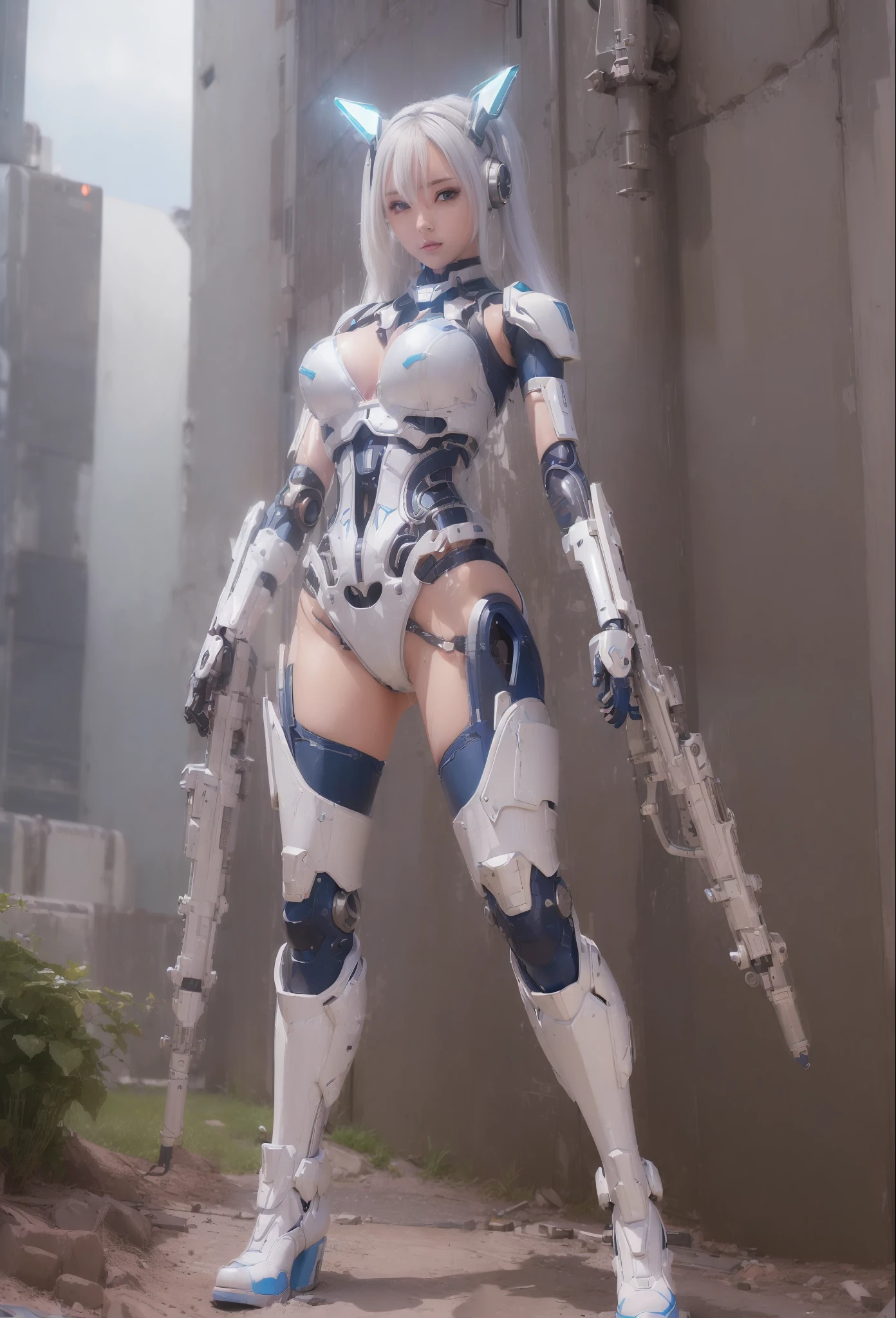 ((((Revealing equipment))), futuristic costume woman with gun, full body, cyberpunk, cute cyborg girl, biomechanical, cyberpunk anime girl mecha, anime robot mixed with organic, wlop, sci-fi, 8K high quality detailed art, mecha cyber armor girl, beautiful white girl cyborg, Beautiful girl cyborg, perfect anime cyborg woman