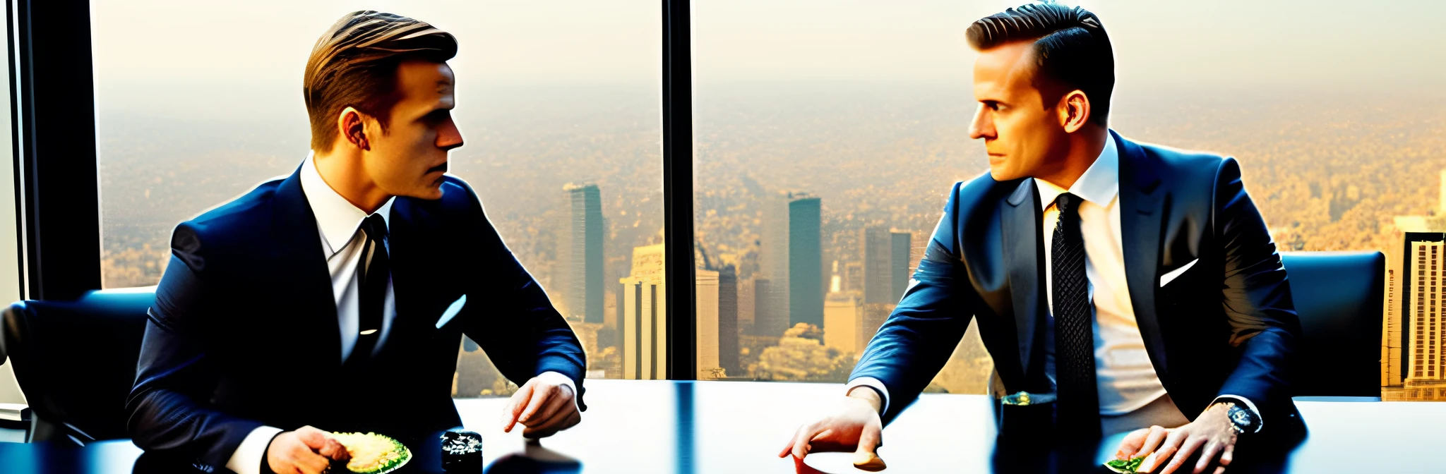 recrie a cena de harvey specter and mike in the suits em uma paisagem urbana, realidades abstratas