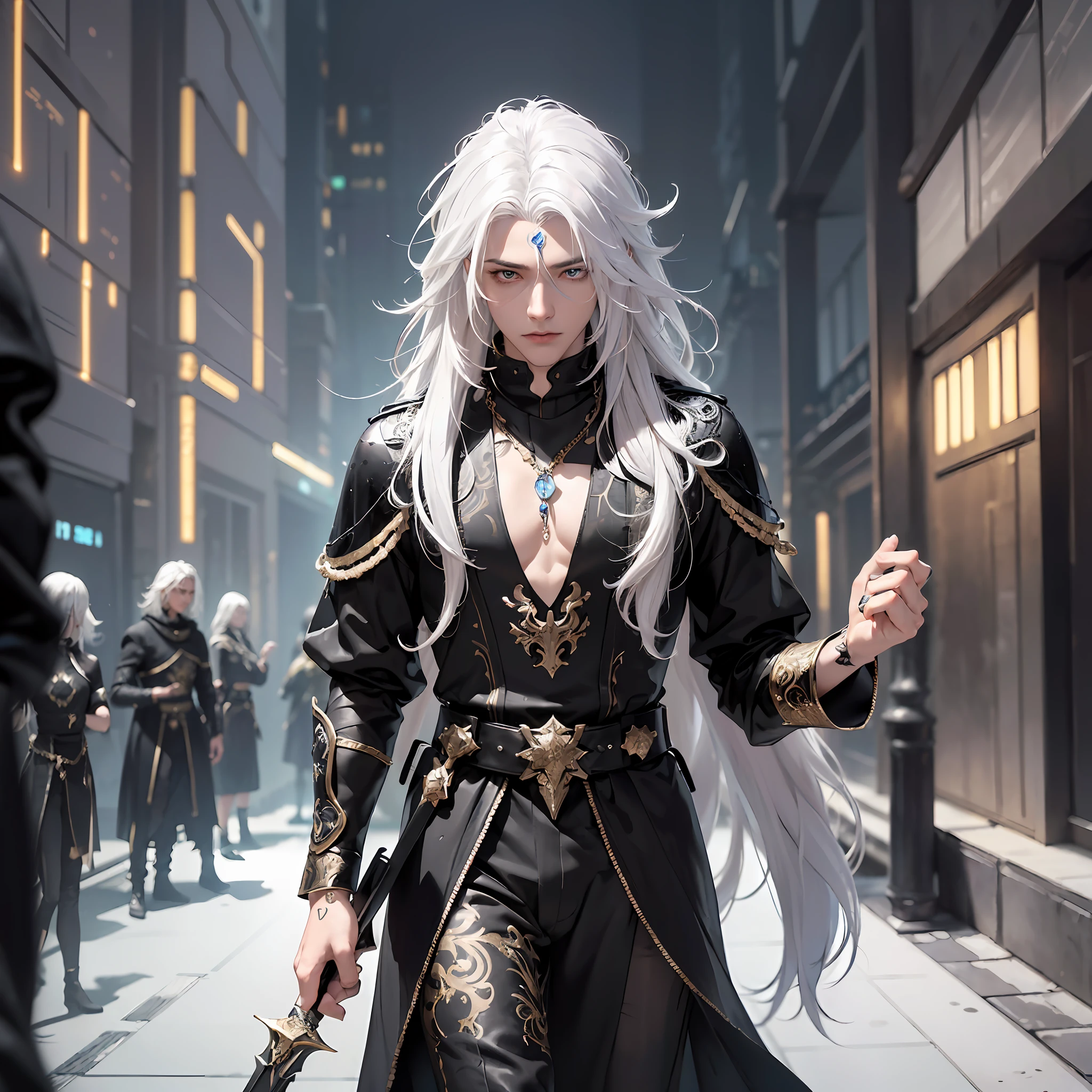 Male cyberpunk, fantasy world, dark background, clean design, epic instagram, artstation, colorful ink splashes, silhouette, hyper detailed intricate details, unreal engine, fantasy, intricate details, home screen, complementary colors, fantasy concept art, 8k resolution, deviantart masterpiece, oil painting, heavy strokes, ink drips, (isolated on white background: 1.3), rainbow skin, (((cute young man))), ((teenager holding a spear: 1.5) ), (bright golden eyes), ((clear eyes)), ((((long white hair: 1.1))), (((black clothes)), (prince\\(indifferent expression\\),(((Wears luxurious black tunic with high details)))), white hair, ice magic, ((chest) --auto --v 6 --s2