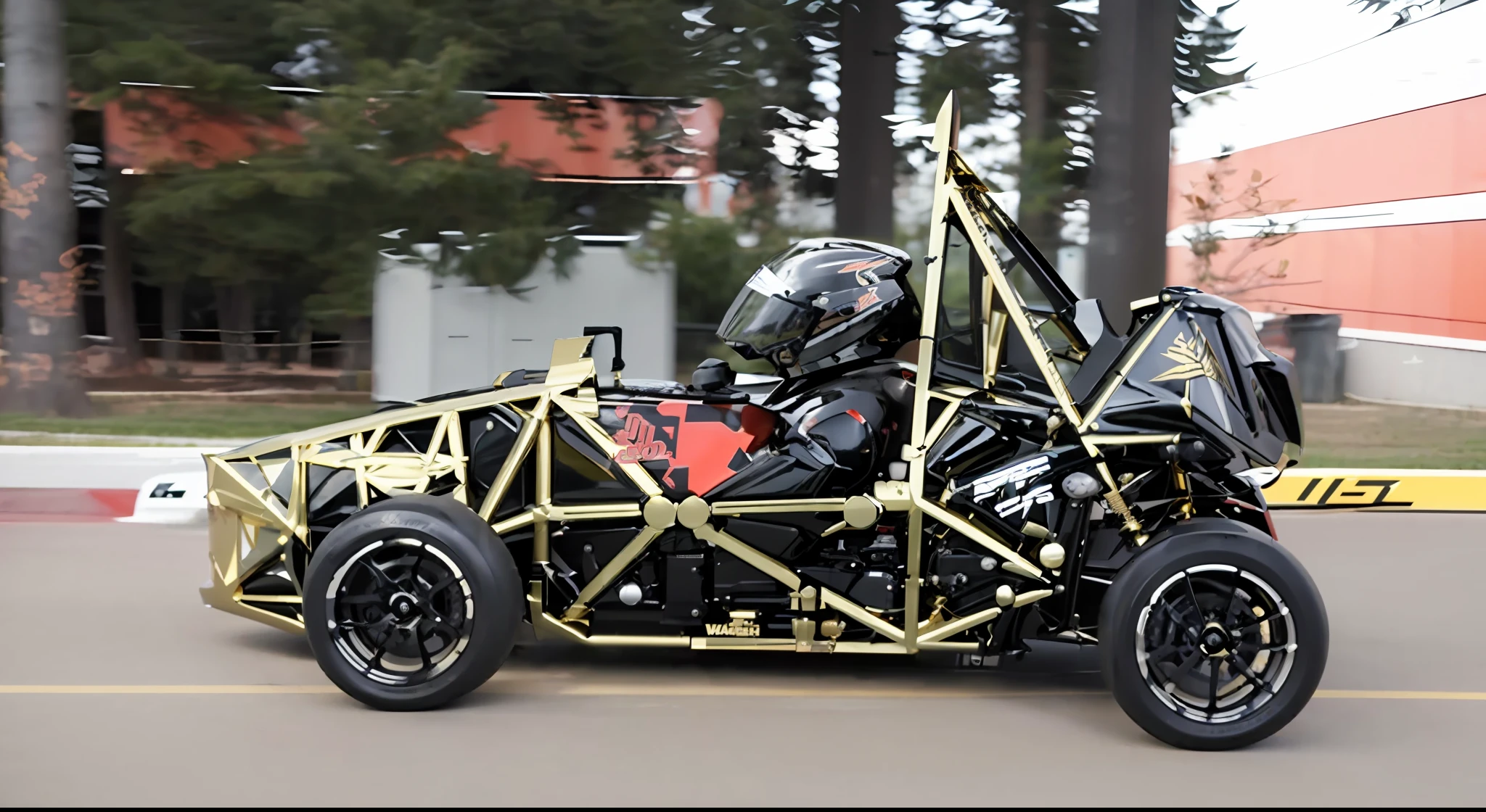 Create a black and gold fairing design with red details with decals written "Greyhound" increasing quality and resolution