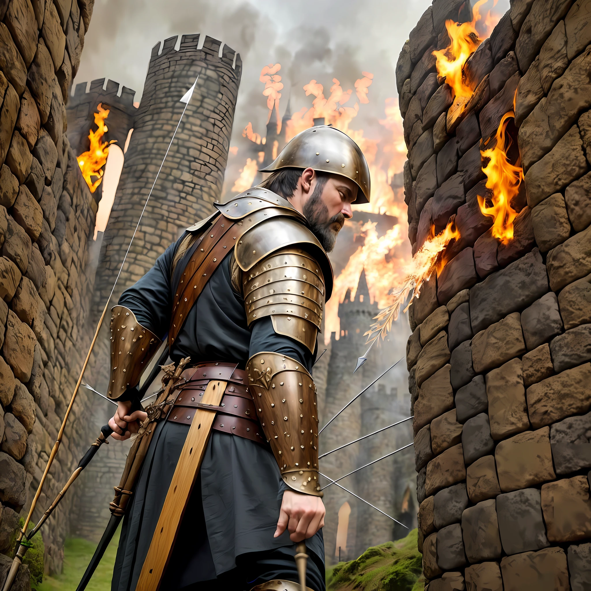 "Of raw wood and incredibly detailed, his ballista, cocked and ready for the medieval battle that lies ahead. Flames lick the surroundings as a shower of arrows cuts through the air towards the conflicting castles." --auto --s2