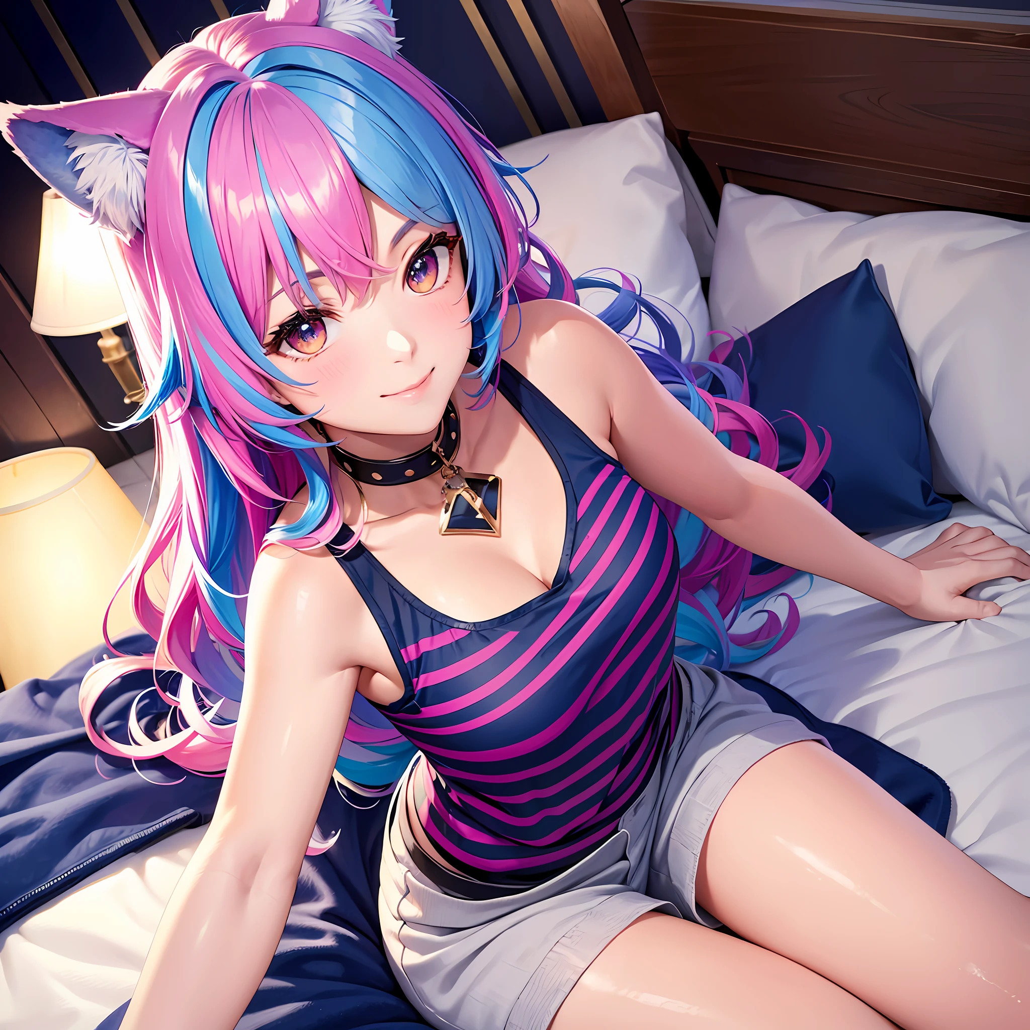 Close up, upper body, 1 girl, smile, wolf ears, wolf tail, random eyes: 10, hair between eyes, split color hair: 5, (((Colorful hair color: 1))))), (((Random hair color: 1)))), Colorful hairstyle: 5, Striped hair, Long hair, hair end jewels, (Cute random Cadeza tank top: 5 random hot pants figure in 5A: 15), super luxurious bedroom and cute interior with jewels, AI: 5, (on the bed: 15), sit in, embarrassingly look at the viewer and laugh, blush, night landscape,