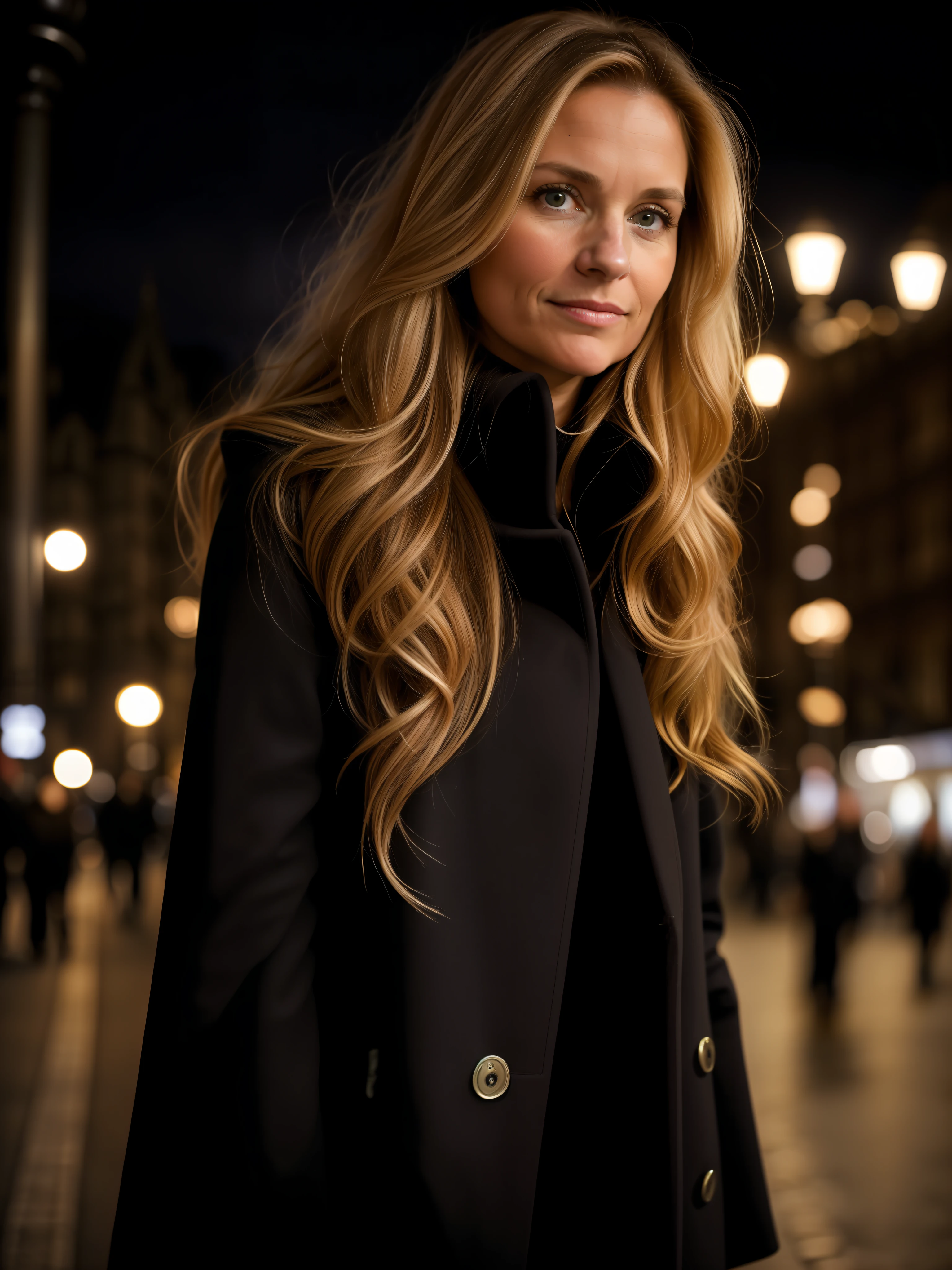closeup of a 33-year-old woman, long light brown hair with blonde tips, against the wind, dress in cold clothing, luxurious coat and black collar, London city street, night, lamppost, asphalt