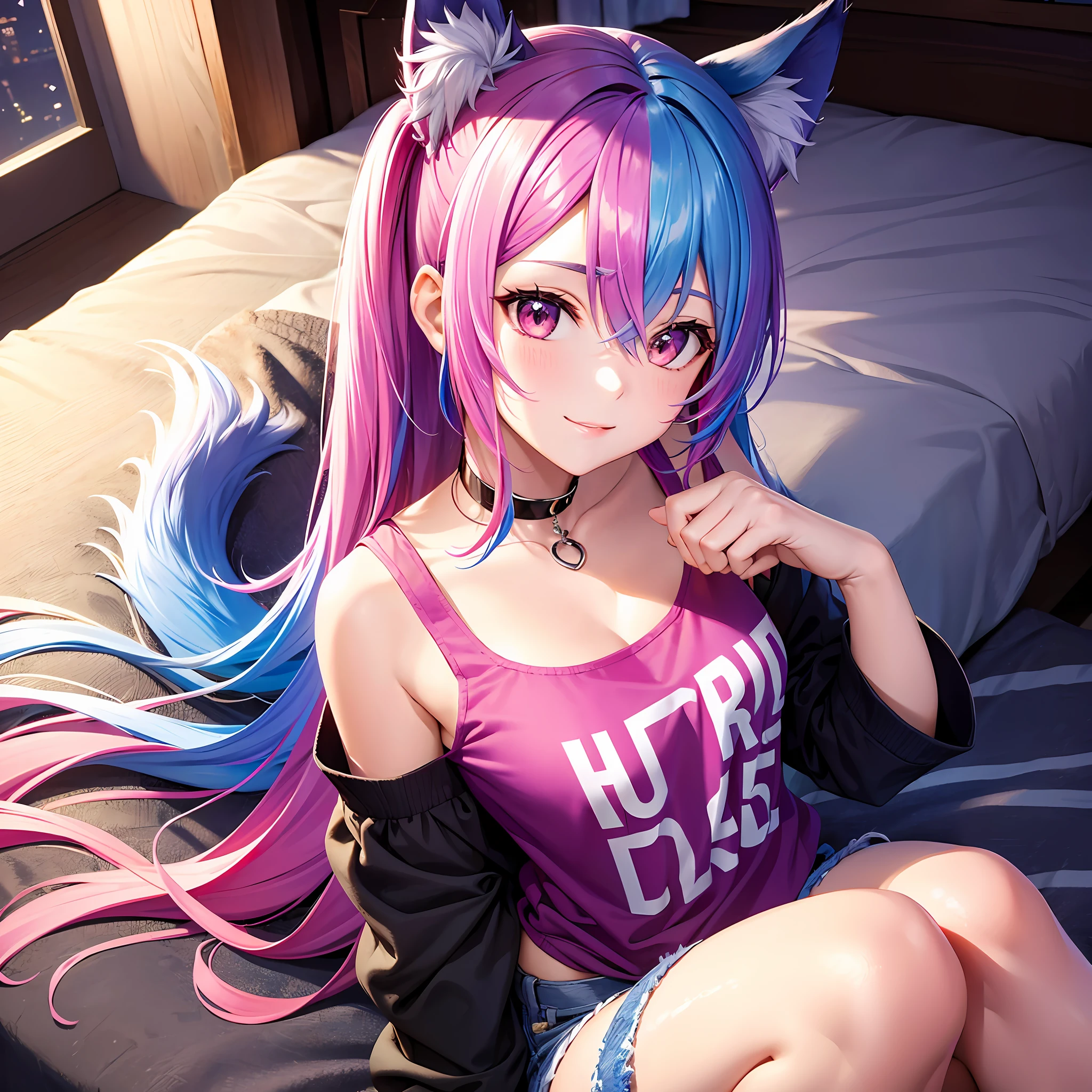 Close-up, upper body, 1 girl, smile, wolf ears, wolf tail, pink eyes, hair between eyes, split color hair: 5, ((((Colorful hair color: 1))))), (((Random hair color: 1)))), colorful hairstyle: 5, striped hair, long hair, hair end jewels, (cute random Cadeza tank top: 5 to 5 random hot pants figures: 15), Jewels, AI super luxurious bedroom and cute interior: 5, (On the bed: 15), sit in, embarrassingly look at the viewer and laugh, blush, night landscape,