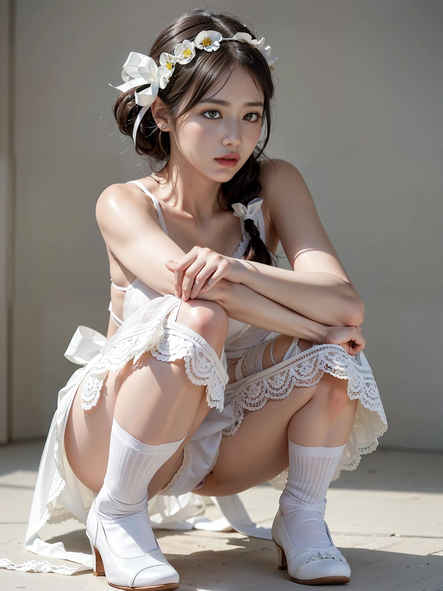 (Photoreal: 1.4), (Hyperrealistic: 1.4), (Realistic: 1.3), (Smooth Lighting: 1.05), (Improved Cinematic Lighting Quality: 0.9), 32K, 1 female, 24 year old female, Realistic lighting, Backlight, Face Lights, Ray Tracking, (Bright Light: 1.2), (Quality Improvement: 1.4), ( Realistic textured skin of the highest quality: 1.4), fine detailed eyes, detailed face, fine quality eyes, dark brown eyes, (tired, sleepy and satisfied: 0.0), pale lighting, white background, floral white bra with ruffles, white panties with floral pattern with ruffles, dark brown hair, braided part of the hair and tied a small ribbon, squatting holding the knees, White silk ankle socks with large ruffle ornament on the edges, pumps
