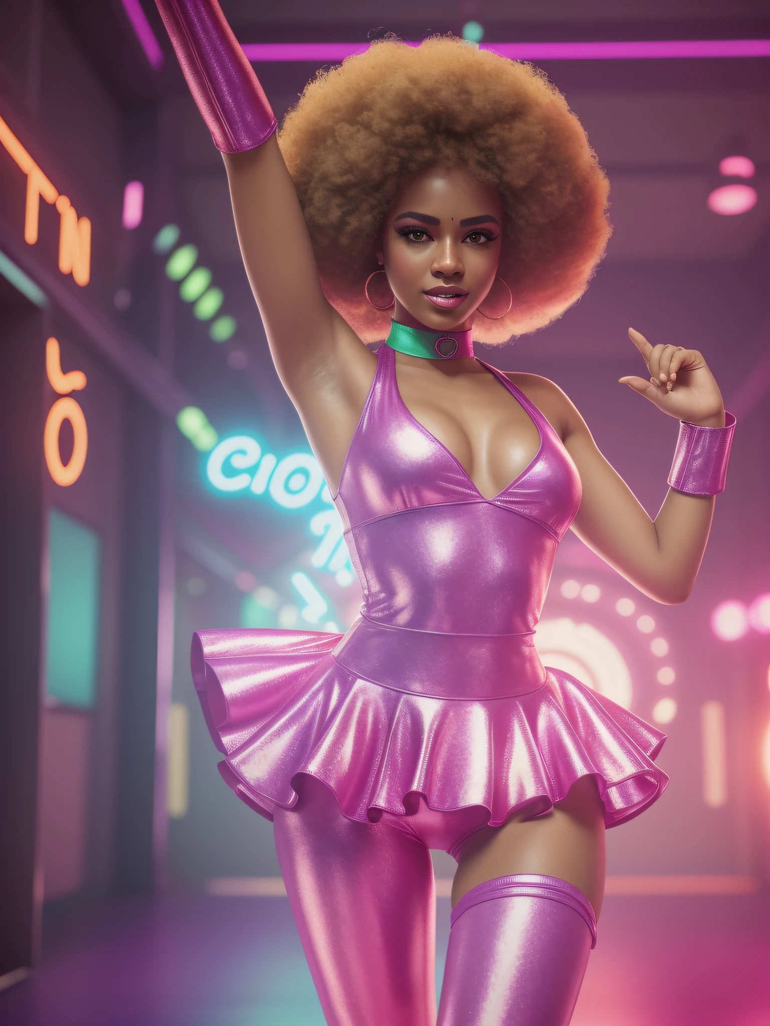 maximum quality, photorealistic, 8k, intricate details, depth of field, lomography, a woman with a 70s outfit is dancing with neon lights, perfect face, bright eyes, skin with intricate details, maximum quality, sweat, dancer, 8K character, afro, beautiful retro woman model, maximum quality, 8k, she is dancing, background with 70s dance floor, photorealistic, neon art of a female body, dynamic dance pose, girl model, afro-disco dance style, disco dance style clothing, maximum quality