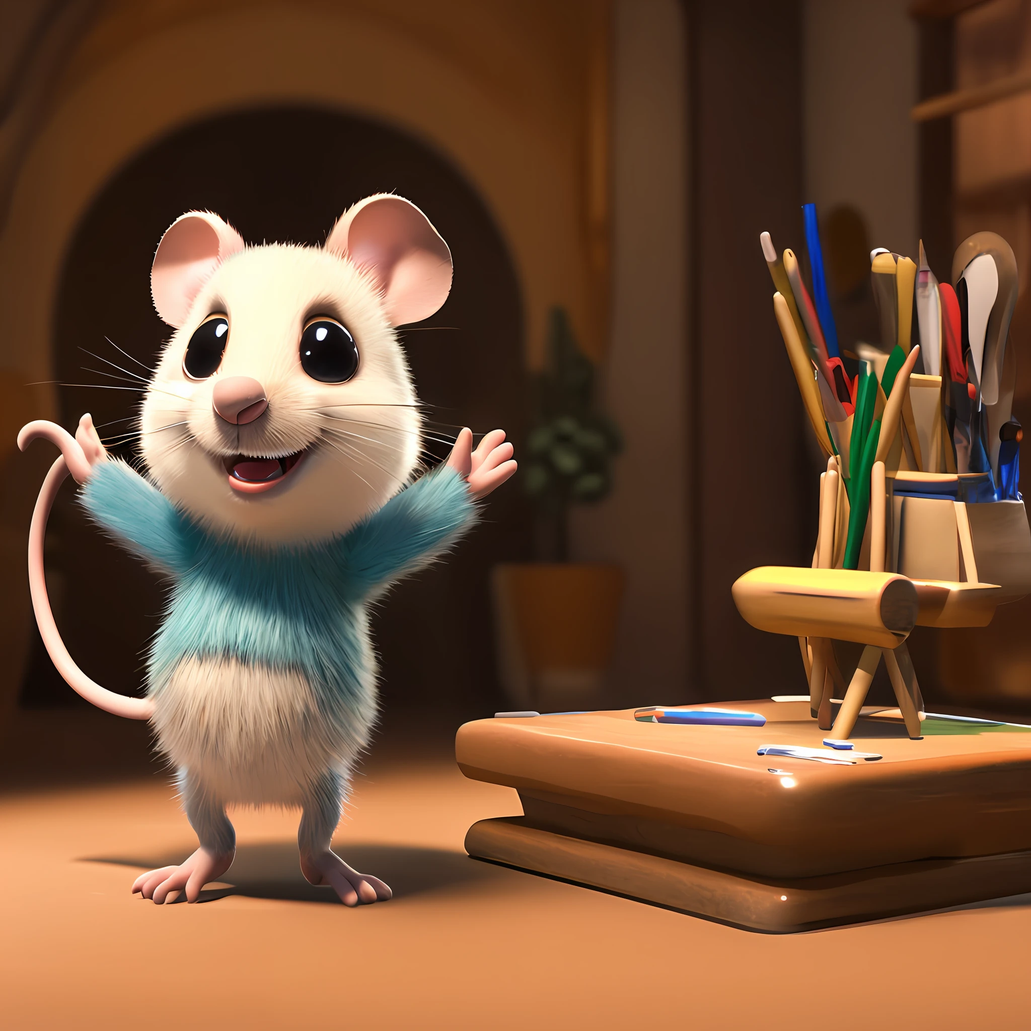 Cute cute little mouse waving and smiling greeting me, Unreal Engine, cozy interior lighting, art station, detailed digital painting, film, character design by Mark Redden and Pixar and Hayao Miyazaki, Unreal 5, daz, surrealism, octane rendering, 3DMDT1