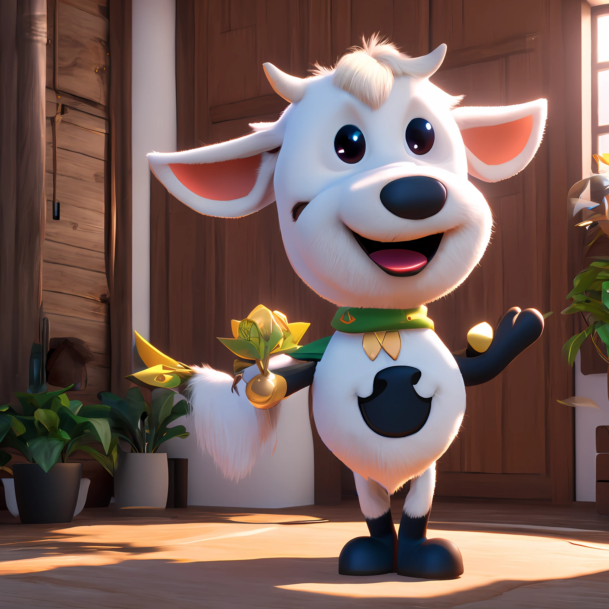 Cute cute cow waving and smiling greeting me, Unreal Engine, cozy interior lighting, art station, detailed digital painting, film, character design by Mark Redden and Pixar and Hayao Miyazaki, Unreal 5, daz, surrealism, octane rendering, 3DMDT1