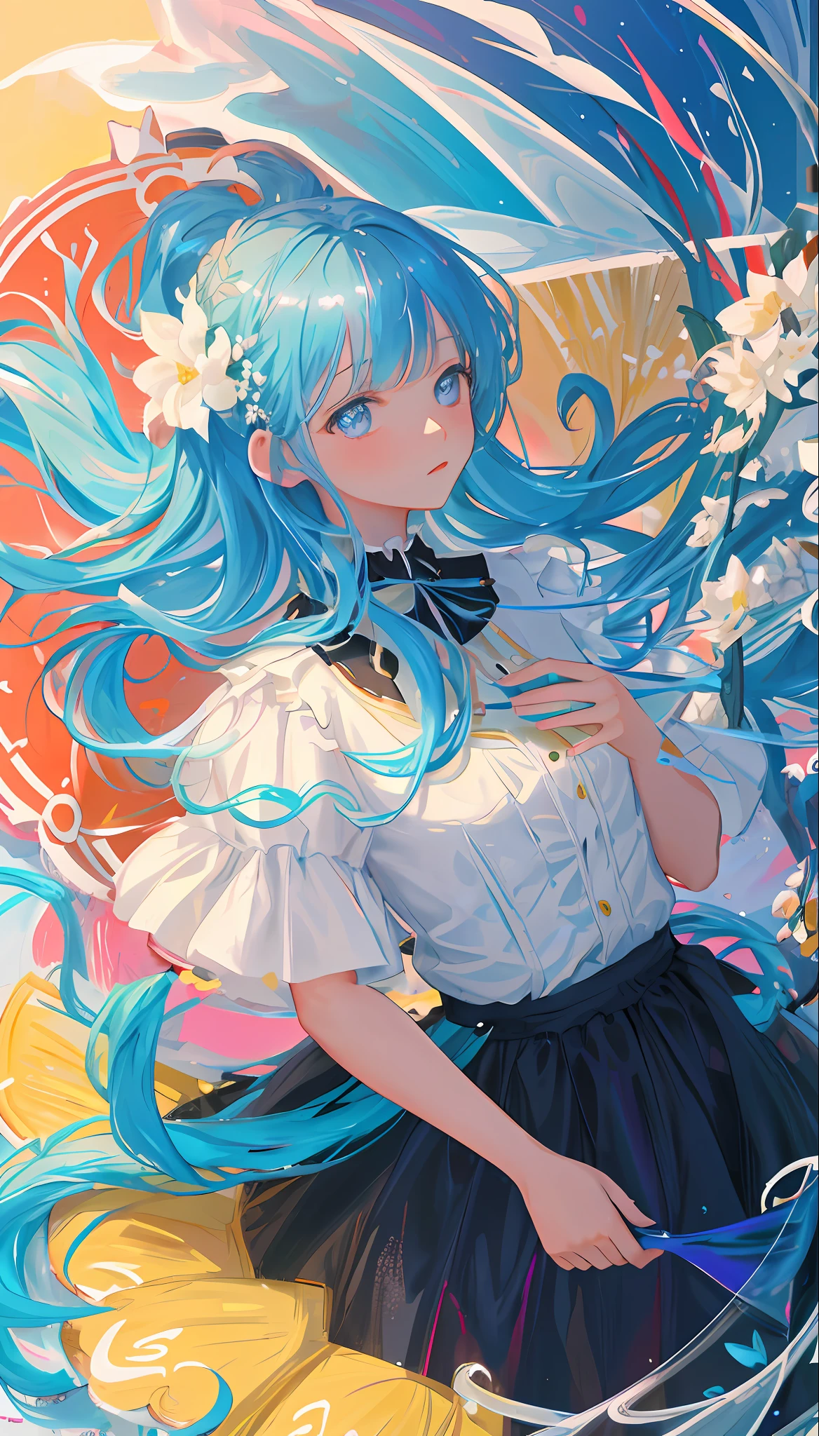 (masterpiece), (best quality), (ultra detailed),(disheveled hair),(illustration), (1girl), (Fashionable clothing), standing, Fashion model, looking at viewer, (interview), (simple background),beautiful detailed eyes, delicate beautiful face, Floating,(high saturation),(colorful splashes),colorful bubble,(shining), focus on face,  kamisato ayaka, light blue hair, bangs, hair ring, floating flowers, floating hairs.Girl, anime waifu, looking at viewer, highlydetailed, reflections transparent iridescent colors, long transparent iridescent RGB hair, artby Serafleur from artstation, thick acrylic，illustration on pixiv, waist up portrait, gorgeoussacred girl, best quality, ultra detailed,sad,clever,beautiful face , beautiful lighton black background, Character stvle renderedby Octane,