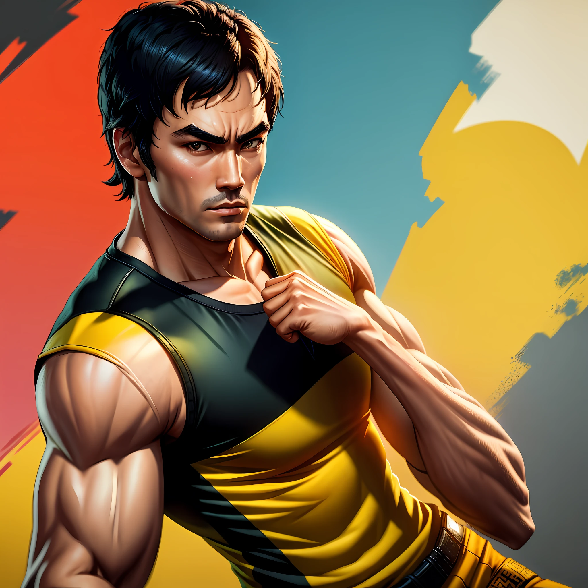 GTAV Loading Screen 2D art, Bruce lee as GTA5 Character, cinematic composition, shaders, bright cinematic lighting, soft contrast, GTA5 loading screen