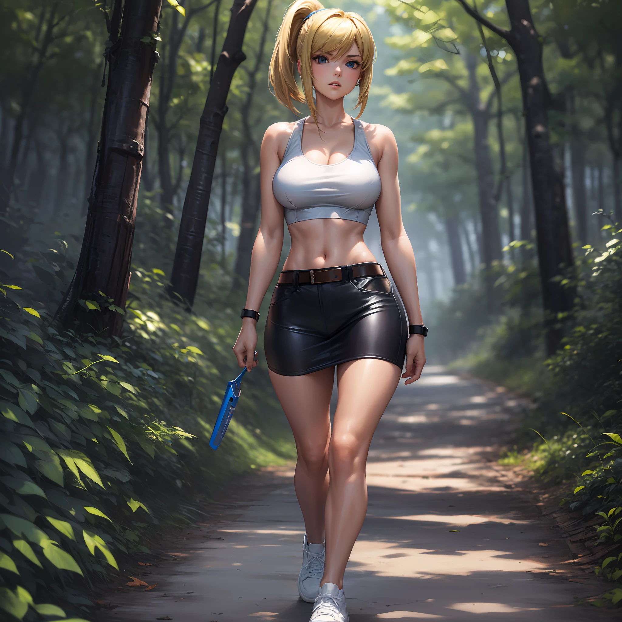 (masterpiece, best quality) 1.5, 1girl, solo, (sexy, beautiful woman, perfect face, perfect eyes), samus aran, knee-length leather skirt, leather belt, white tank top with neckline, white sneakers, walking in the forest, (blue eyes, blonde hair, ponytail) --auto --s2