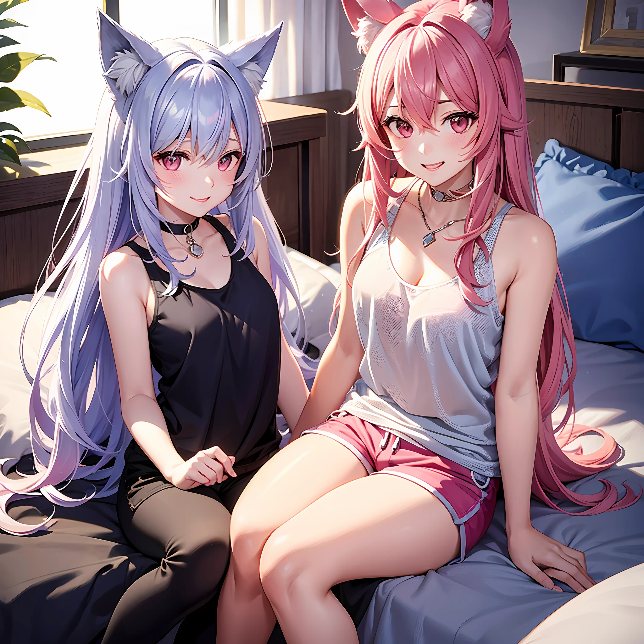 Close-up, upper body, one girl, smile, wolf ears, wolf tail, pink eyes, hair between eyes, split color hair: 5, striped hair, long hair, hair ends jewelry, (cute random tank top and hot pants figure: 15), jewels, AI super luxurious bedroom and cute interior: 5, (on bed: 15) sit in, laugh at the viewer embarrassed, blush, night landscape,